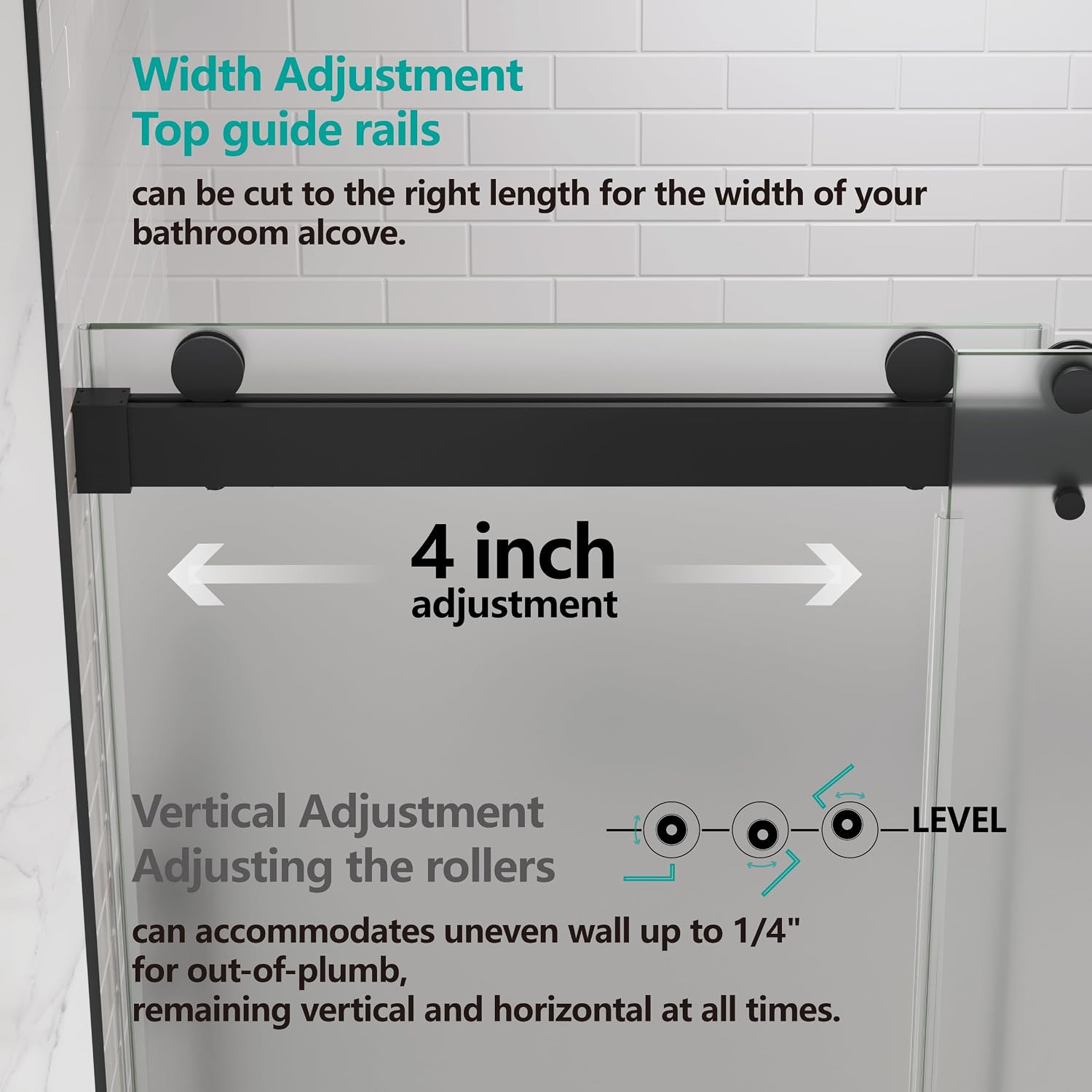 56-60' W x 76' H Shower Doors Double Sliding Frameless 3/8'(10mm) Single Side Frosted Tempere Glass Towel Bar Handle (Matte Black)