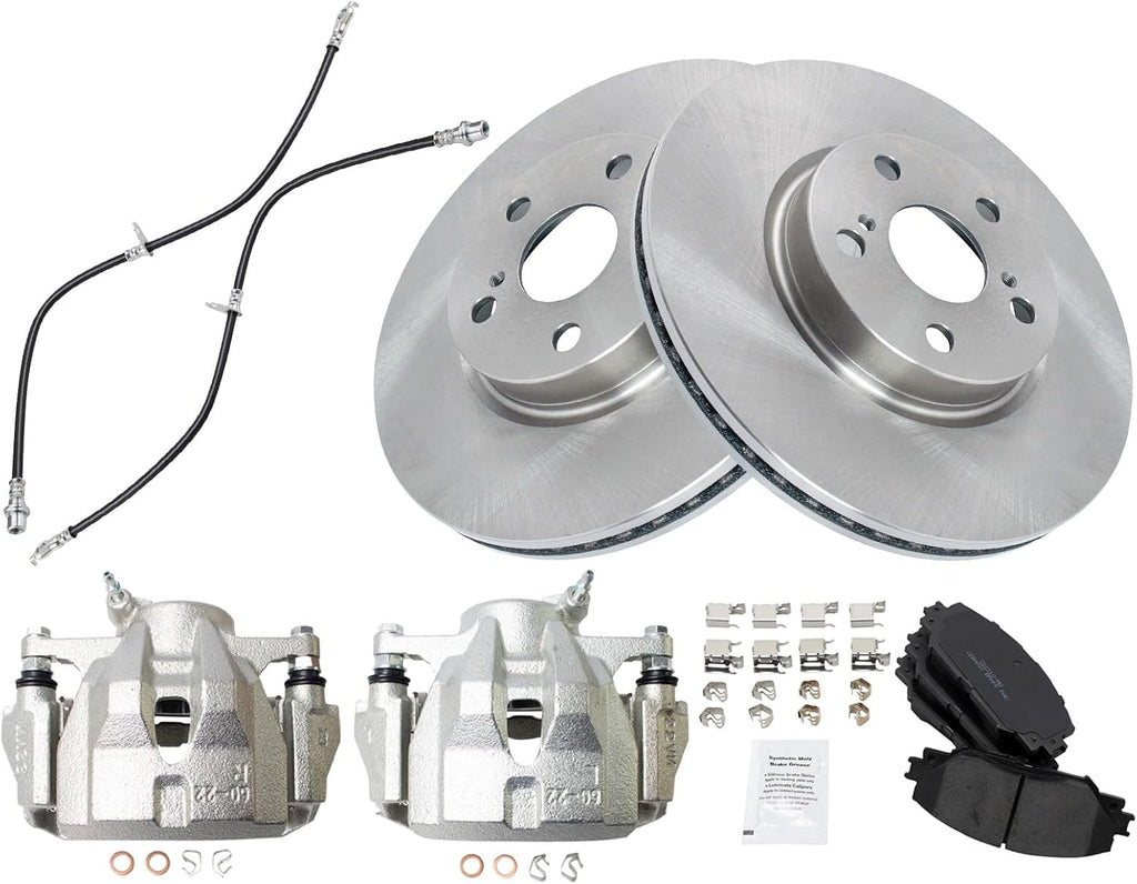 TRQ Front Brake Pad and Rotor Set Ceramic Rotors Calipers Hoses Compatible with 2009-2010 Pontiac Vibe 2009-2018 Toyota Corolla 2009-2013 Matrix