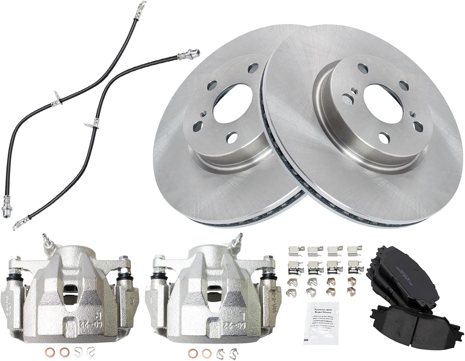 TRQ Front Brake Pad and Rotor Set Ceramic Rotors Calipers Hoses Compatible with 2009-2010 Pontiac Vibe 2009-2018 Toyota Corolla 2009-2013 Matrix