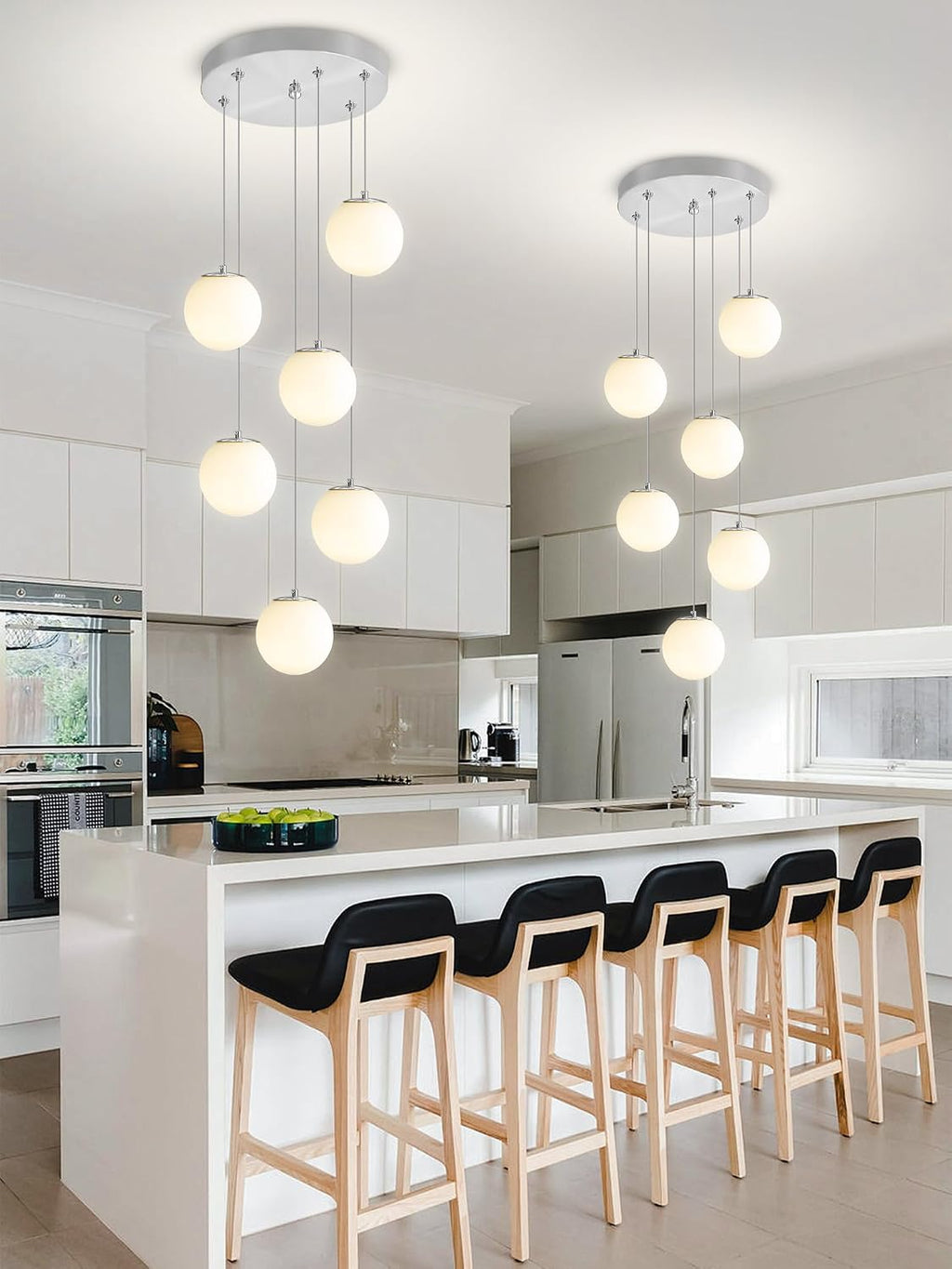 ykolupty 6-Light Silver Chandelier with White Globe Glass Dimmable Ceiling Light Glass Pendant Light for Kitchen Island, Dining Room, Living Room, Entry Hallway, LED Bulbs Included