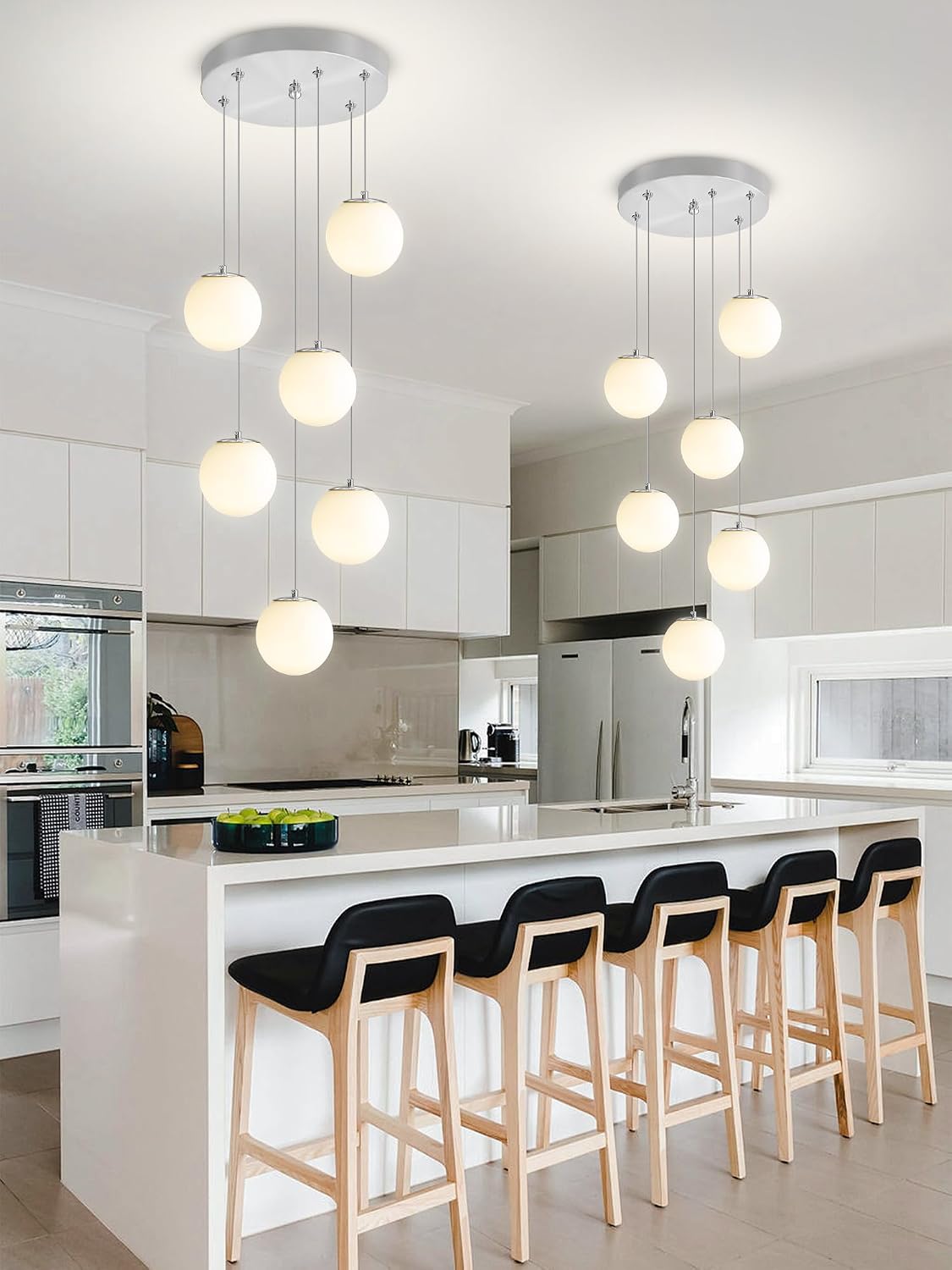 ykolupty 6-Light Silver Chandelier with White Globe Glass Dimmable Ceiling Light Glass Pendant Light for Kitchen Island, Dining Room, Living Room, Entry Hallway, LED Bulbs Included