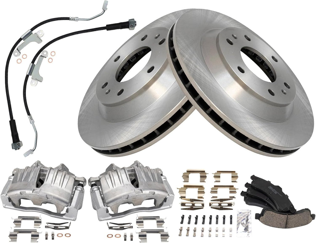 TRQ Front Brake Pad and Rotor Set Ceramic Vented Rotors Calipers Hoses Hardware Compatible with 2004-2005 Isuzu Ascender