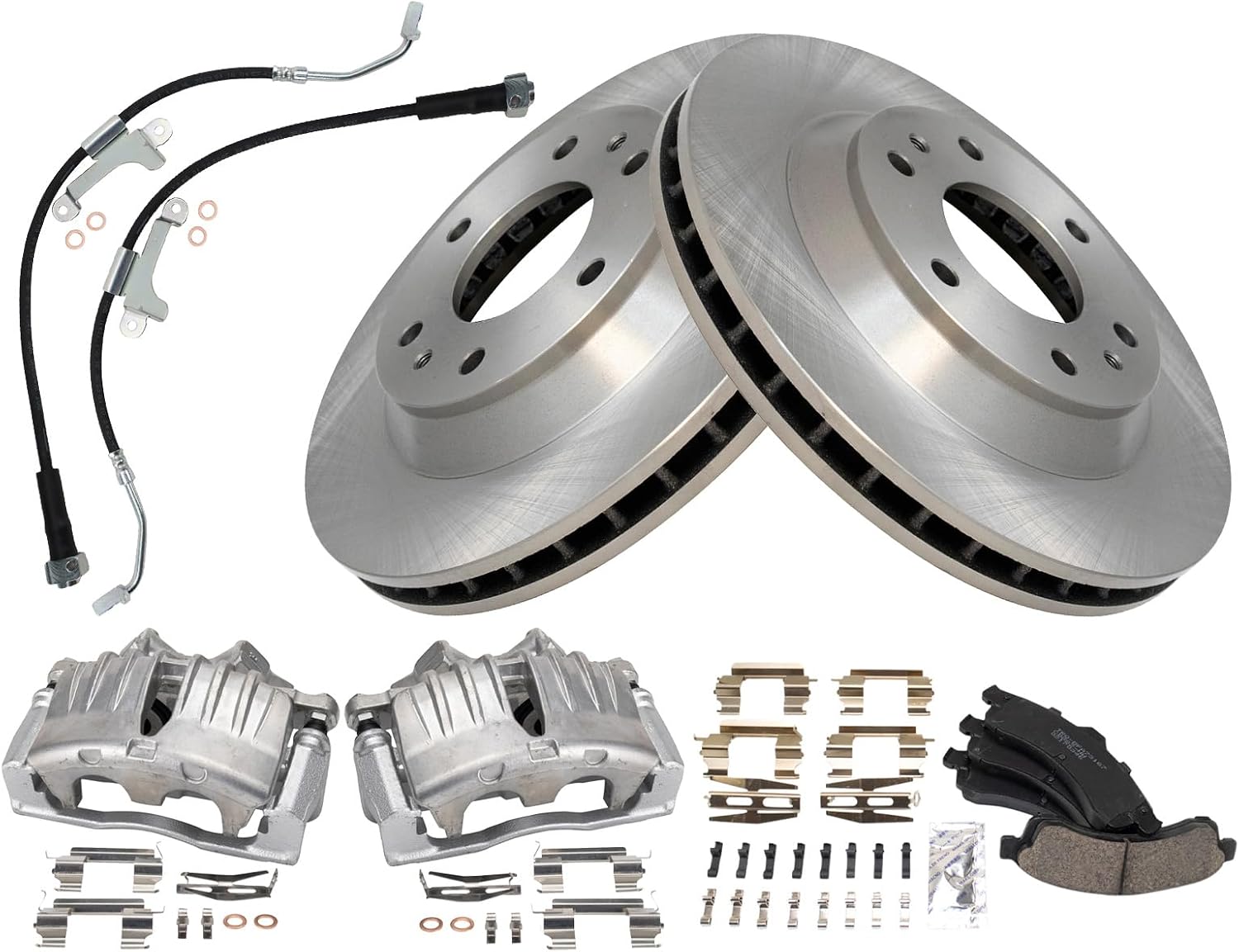 TRQ Front Brake Pad and Rotor Set Ceramic Vented Rotors Calipers Hoses Hardware Compatible with 2004-2005 Isuzu Ascender