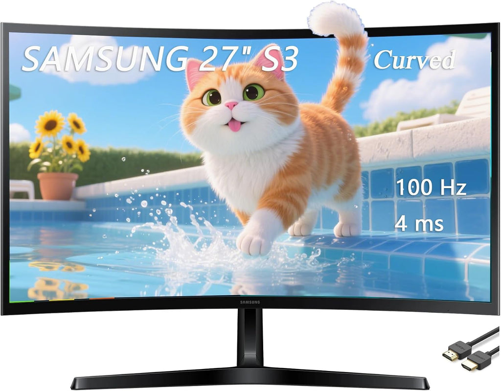 Samsung 27' Essential S3 Series LED Curved Monitor, FHD 1800R, Game Mode, Dual Ports, Eye Comfort, 100Hz, Black, with GSF HDMI Cable