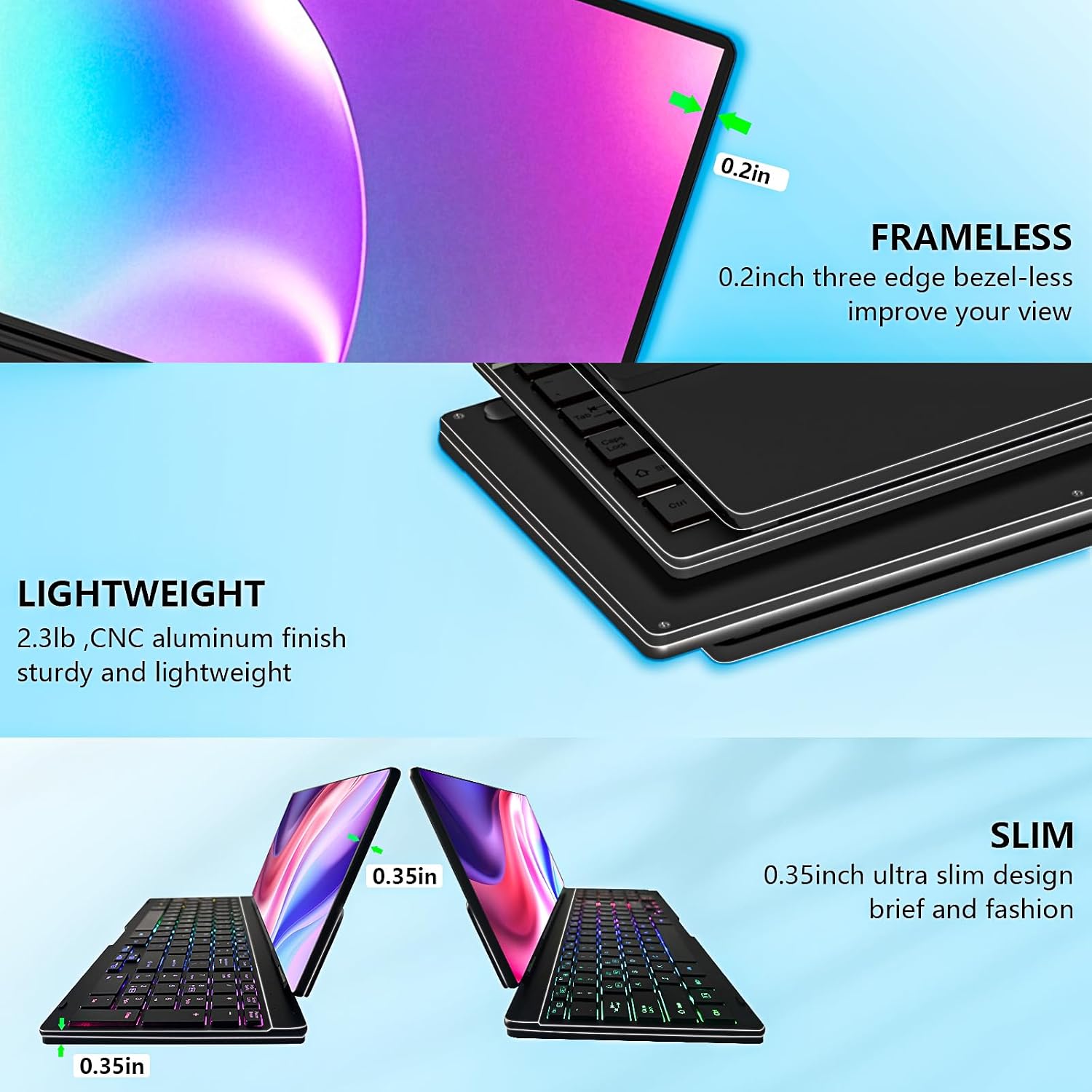 Portable Touchscreen Monitor with Silent Keyboard 12.8-inch Ultra-Slim Stretched Bar Screen Folding FHD 120% sRGB, USB-A/C Compatible Screen for Computers, Laptops, Mini PCs, Console