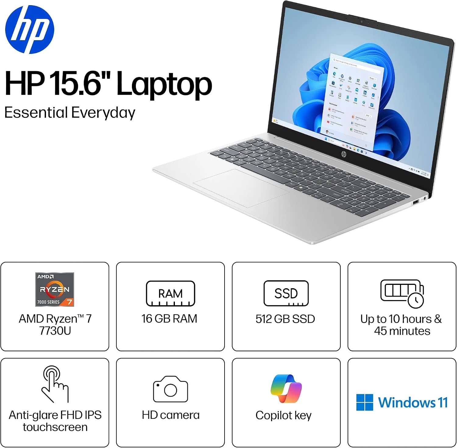 HP 15.6 inch FHD IPS Touch Laptop, AMD Ryzen 7 7730U, 16GB DDR4 RAM, 512GB SSD, Webcam, Windows 11 Home, Copilot AI, Natural Silver, 15-fc0057wm