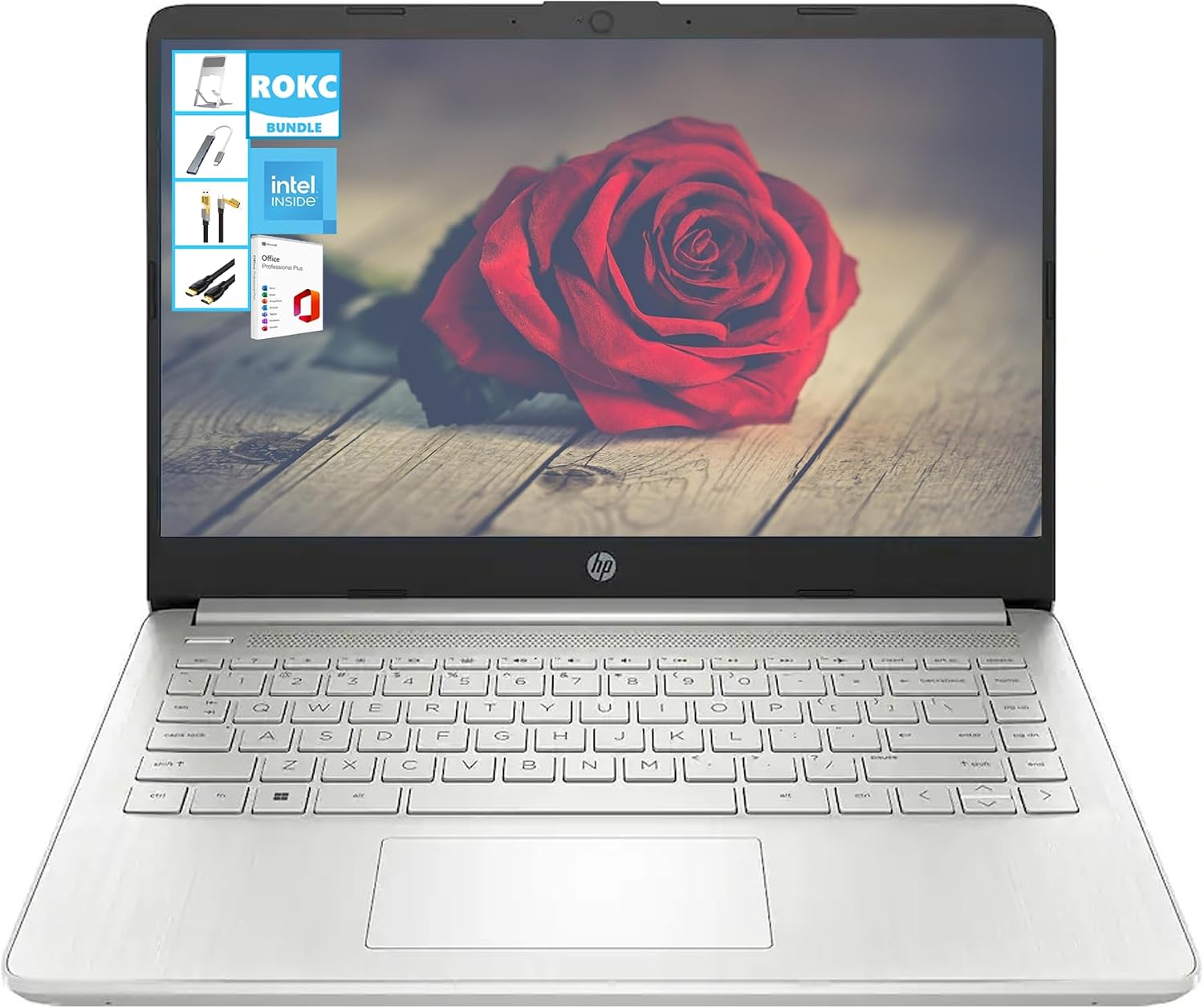 HP AI-Powered 14' HD Laptop with Microsoft Office and 1TB Cloud Storage Included for 1-Year| 4GB RAM|128GB SSD| Intel 4-Core CPU| Webcam| Wi-Fi| Bluetooth|Ultra Light|Win 11| RK Bundle| Silver