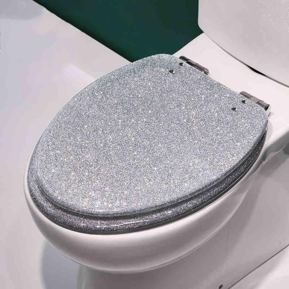 Resin Toilet Seat Elongated Soft Close Toilet Seat Easy Clean & 360° Adjustable Hinges, Quick Release Heavy Duty Toilet Seats with Glitter Cover,Silver(Silver)