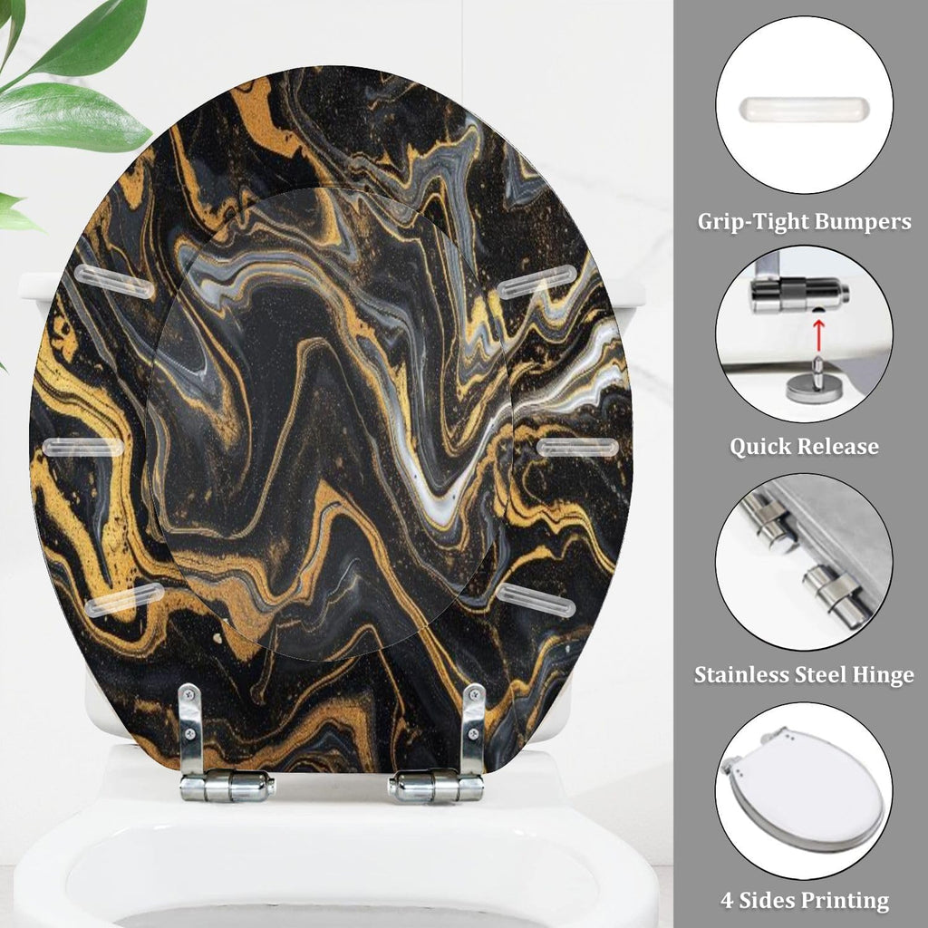Round Toilet Seat marble ink paper texture black silver gold Resin Toilet Seat Quietly Close Quick Release Hinges Decorative Toilet Seat with Cover Easy to Install