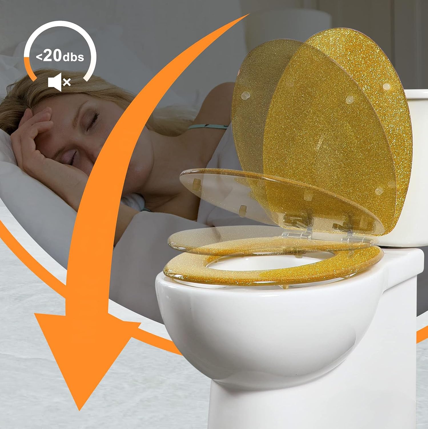 Glitter Toilet Seat Soft Close Elongated Toilet Seat 36.5 * 44Cm Resin Toilet Seat with Adjustable Hinges, Easy to Install Also Easy to Clean,Gold(Gold foil)