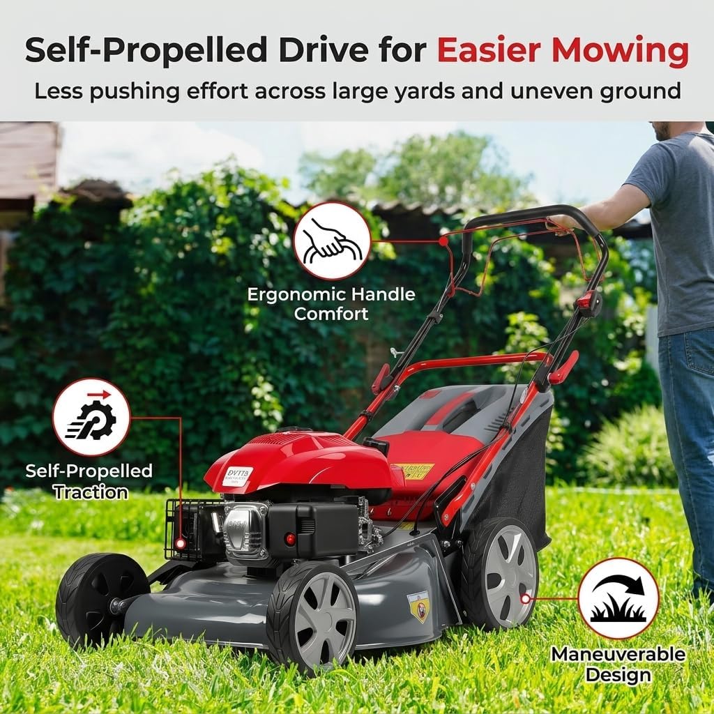 173cc Gas Lawn Mower, Self-Propelled Rear Wheel Drive, Adjustable 3-Speed Settings, 20' Cutting Width, 60L Grass Catcher, Ideal for Large Lawns, Easy Start & Efficient Grass Collect Red