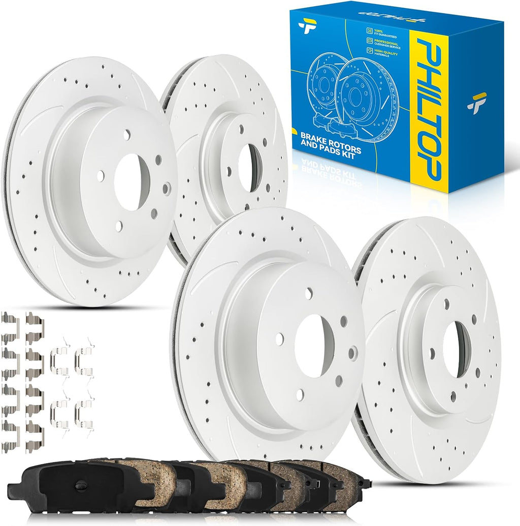 PHILTOP Front and Rear Brake Kit For Nissan 350Z 2006-2009, Drilled and Slotted Brake Rotors and Brake Pads Kit Replace #31375+D888+31387+D905, Front 12.58（319.7mm）,Rear 12.11（307.7mm）