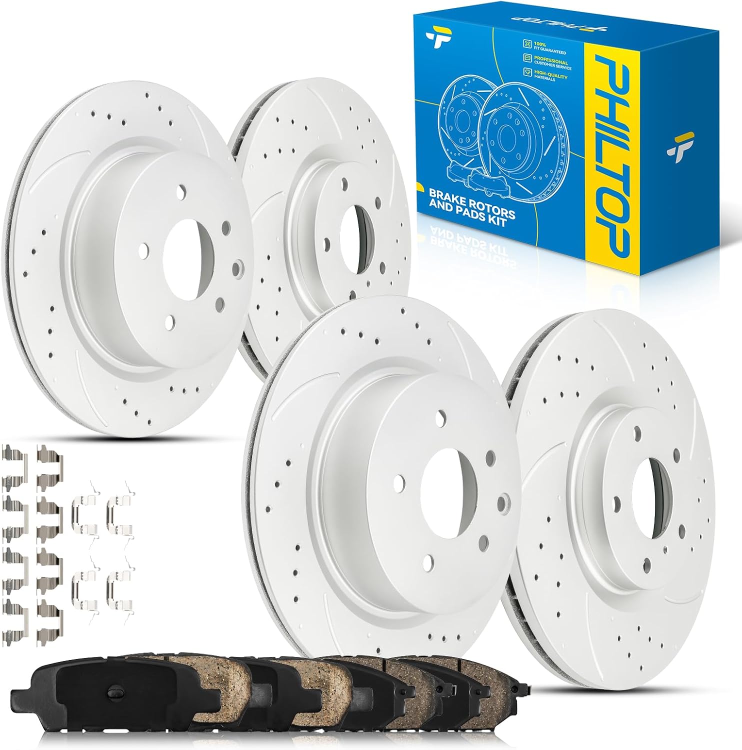 PHILTOP Front and Rear Brake Kit For INFINITI G35 2005-2008, Drilled and Slotted Brake Rotors and Brake Pads Kit Replace #31375+D888+31387+D905, Front 12.58（319.7mm）,Rear 12.11（307.7mm）
