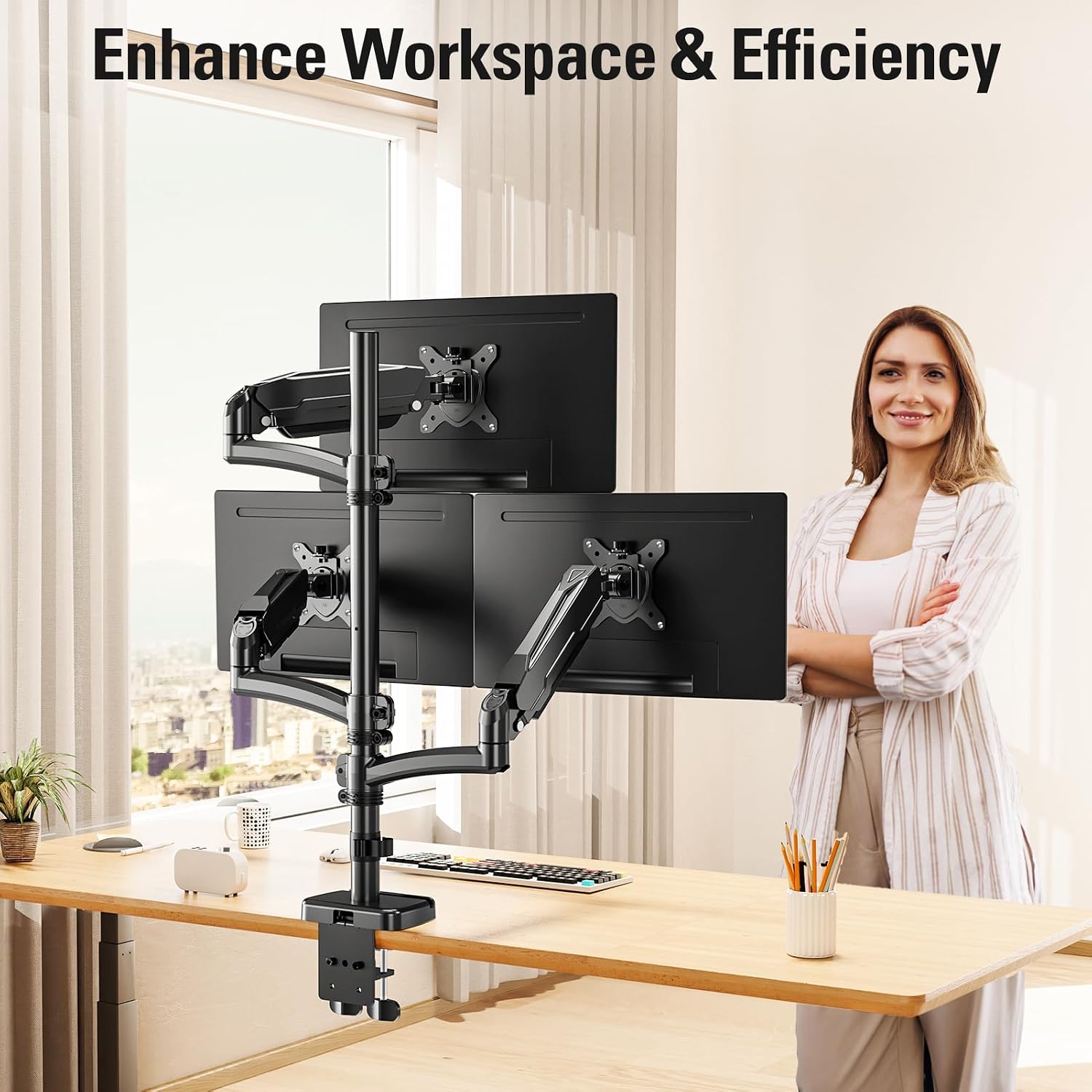 Triple Monitor Mount up to 32' Computer Screen, up to 19.8lbs Each, Adjustable 3 Monitor Stand with Clamp & Grommet Kit, Gas Spring Arm with Tilt Swivel Rotate, VESA Mount 75x75/100x100mm