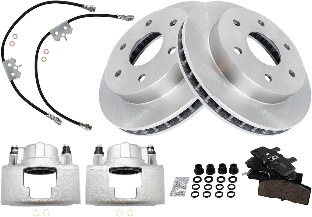 TRQ Front Brake Pad and Rotor Set Ceramic Rotors Calipers Hoses Compatible with 1996-1999 Chevrolet K1500 Suburban Tahoe 1996-1998 K2500 GMC K1500 Sub