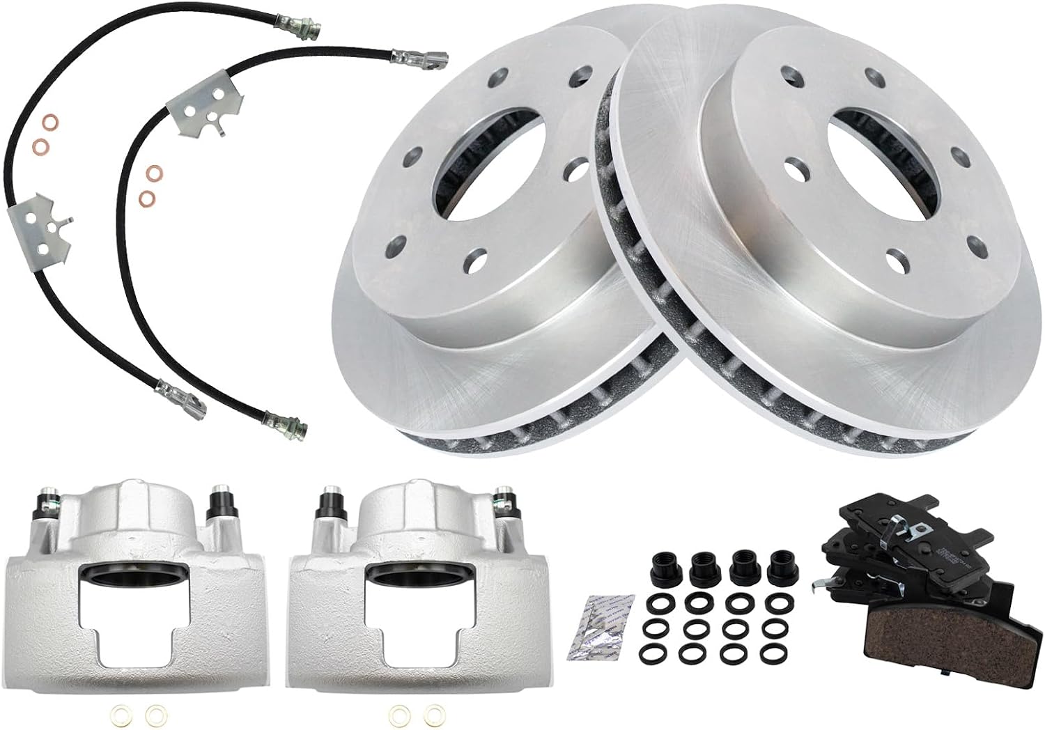 TRQ Front Brake Pad and Rotor Set Ceramic Rotors Calipers Hoses Compatible with 1996-1999 Chevrolet K1500 Suburban Tahoe 1996-1998 K2500 GMC K1500 Sub