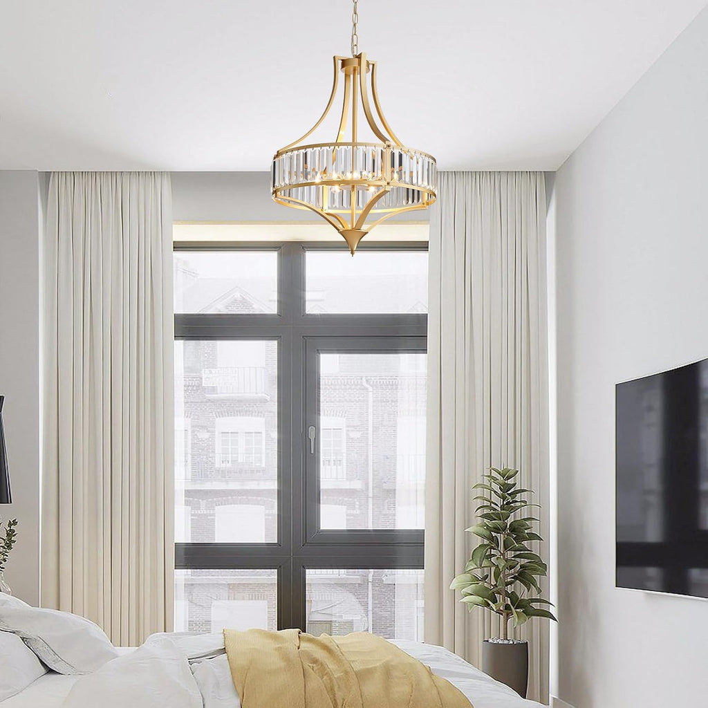 Crystal Chandeliers for Dining Room 21.6' Rustic Farmhouse Chandelier with Round Metal Shade 6-Light Large Gold Dining Room Light Fixture for Kitchen, Hallway, Bedroom, Foyer