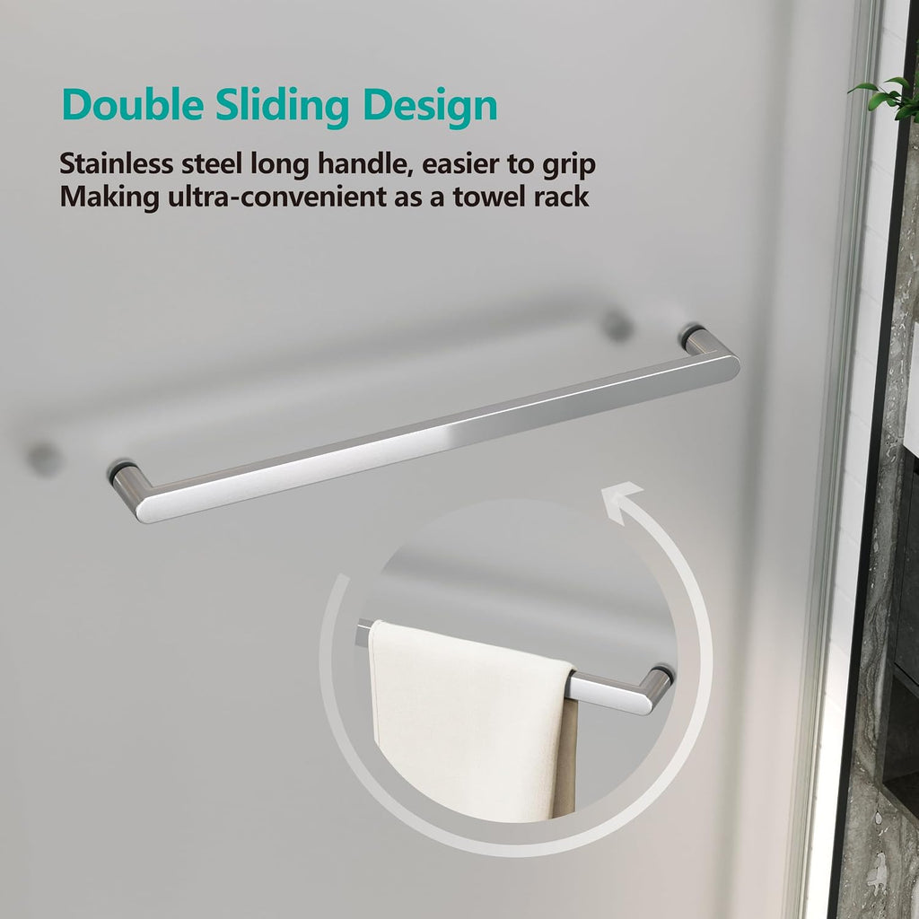 Shower Doors Soft Close 56-60' W x 76' H Ultra-Clear Single Sided Frosted Double Sliding Frameless 3/8'(10mm) Temperedd Glass with Towel Bar Handle (Brushed Nickel)
