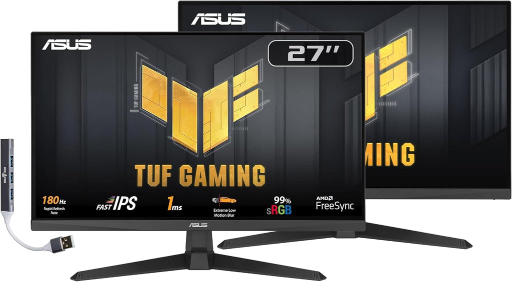 ASUS TUF Gaming 27' FHD IPS Monitor with 1ms Response Time, 180Hz Refresh Rate, Anti Glare, Flicker Free, VESA Mount (100mm), Displayport, HDMI & Dockztorm USB Port Expander, Black Color 2 Pack