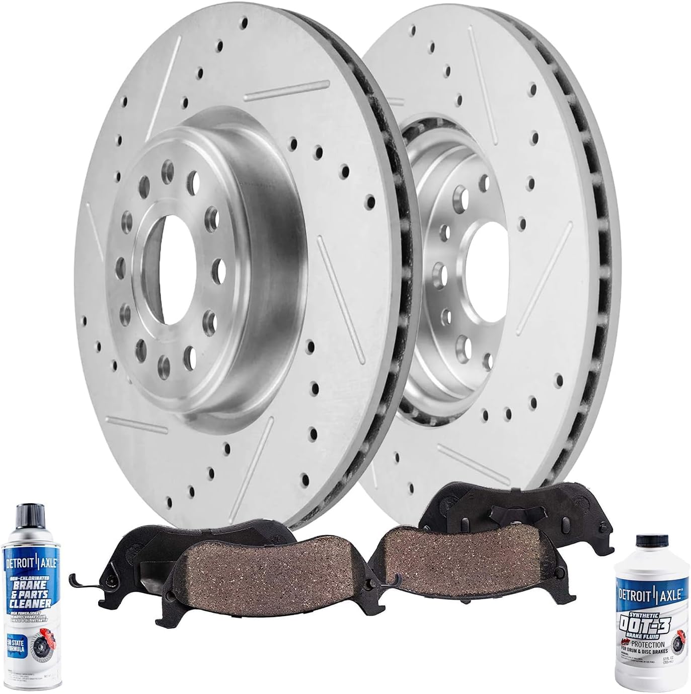 Detroit Axle - Front Brake Kit for 19-25 Ram 1500 Drilled and Slotted Disc Brake Rotors Ceramic Brakes Pads 2019 2020 2021 2022 2023 2024 2025 Replacement : 14.88' inch Rotor