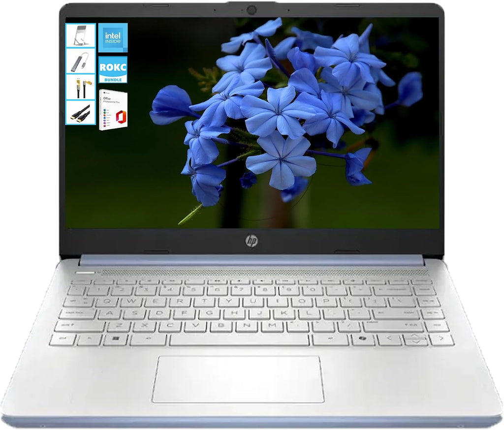 HP AI-Powered 14' HD Laptop with Microsoft Office and 1TB Cloud Storage Included for 1-Year| 4GB RAM|128GB SSD| Intel 4-Core CPU| Webcam| Wi-Fi| Bluetooth| Ultra Light|Windows 11| RK Bundle| Blue