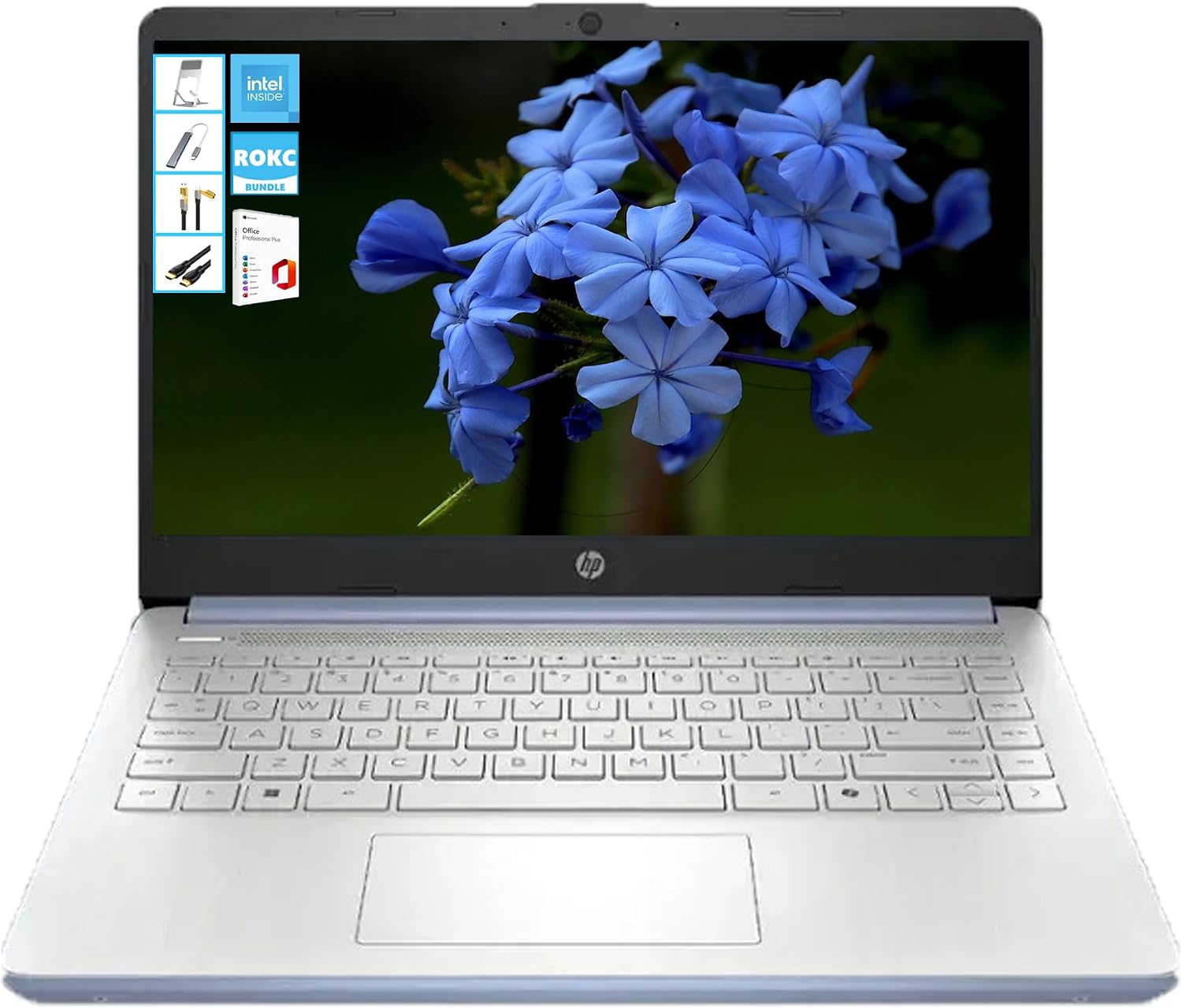 HP AI-Powered 14' HD Laptop with Microsoft Office and 1TB Cloud Storage Included for 1-Year| 4GB RAM|128GB SSD| Intel 4-Core CPU| Webcam| Wi-Fi| Bluetooth| Ultra Light|Windows 11| RK Bundle| Blue