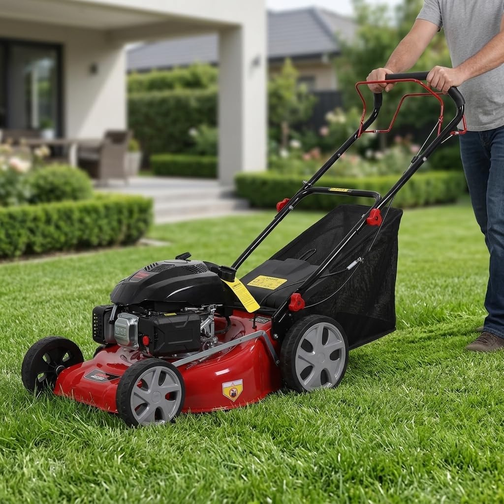 Self Propelled Lawn Mower, 141cc 4-Stroke Gas Engine, 20-Inch Steel Deck Walk-Behind Mower, 3-in-1 Mulching, Side Discharge & Bagging, 7-Position Height Adjustment, High Rear Wheels Large Yards