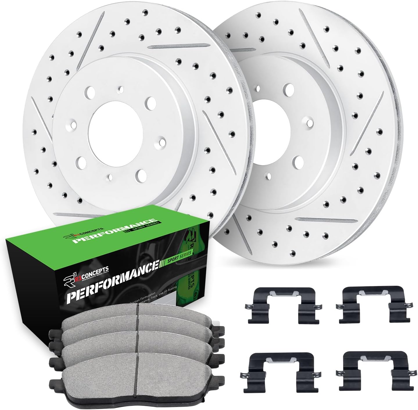 R1 Concepts Front Brake Kit Fits 2011-2019 Ford Fiesta| Performance Sport Pads, Drilled Slotted Rotors| Hardware| 10.2' Front