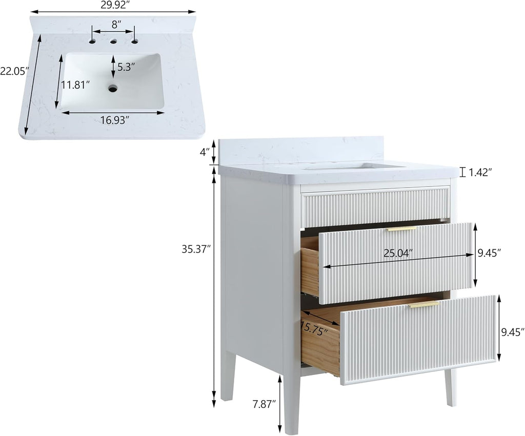 30-Inch Fully Assembled Freestanding Single Sink Bathroom Vanity, Solid Rubber Wood Cabinet with Engineered Carrara Marble Top & Backsplash, White