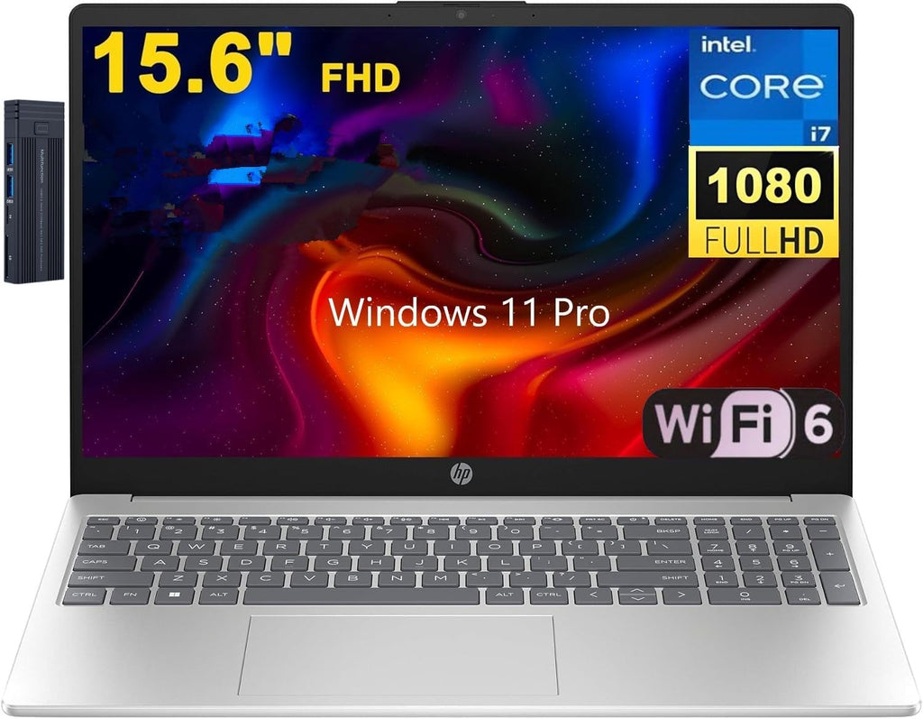 HP 15.6' FHD Laptop, Intel Core i7-1255U Processor, 16GB RAM 1TB PCIe SSD, 256gb 9H Docking Station, Bluetooth, Wi-Fi 6, HDMI, Webcam, Windows 11 Pro, Natural Silver