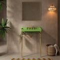 28' Free Standing Bathroom Vanity with Stainless Steel Brushed Gold Supporting Leg and Towel Rack, Black Bathroom Console Sink with 3 Tap Holes, Green Basin with Gold