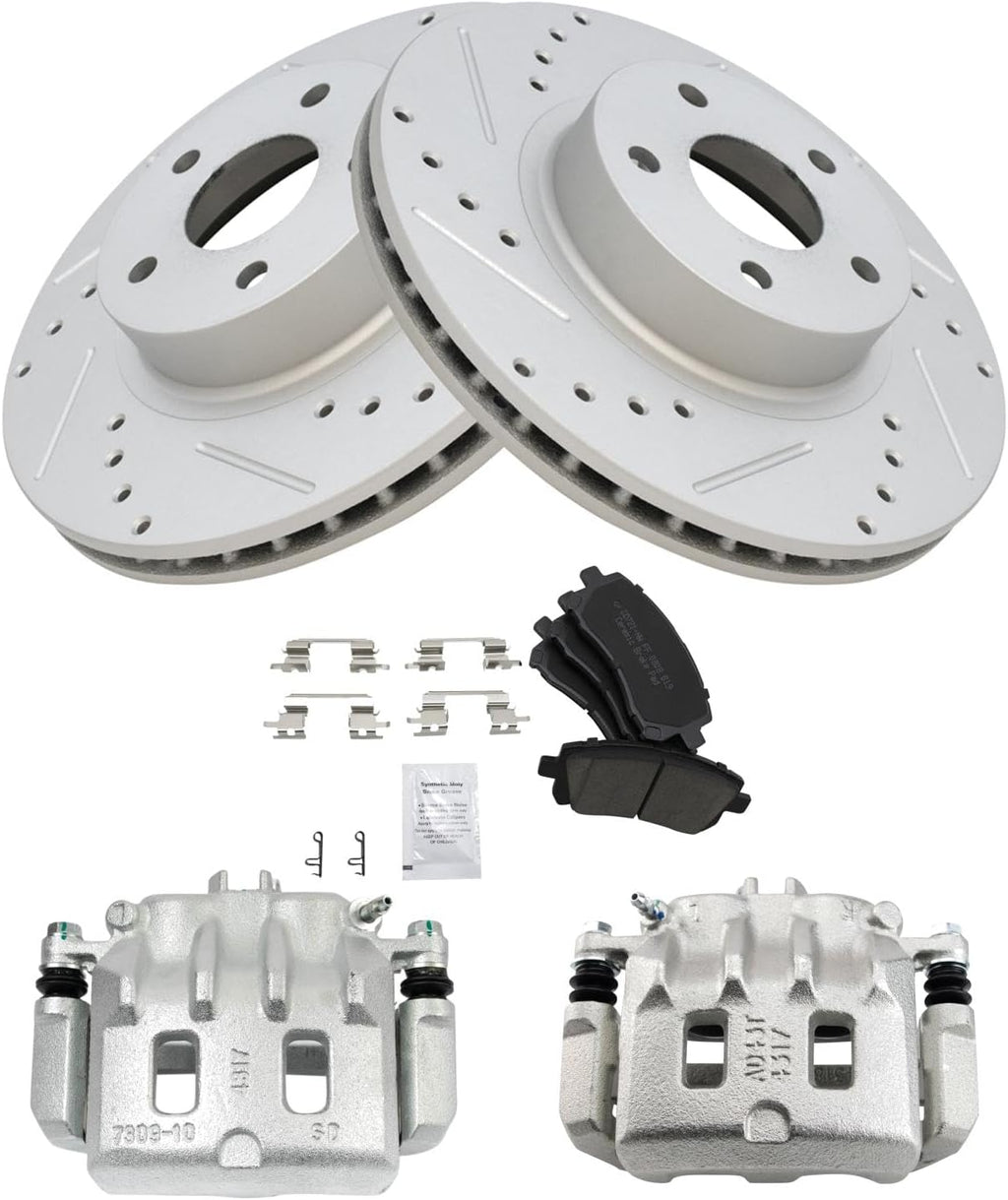 TRQ Performance Front Brake Pad and Rotor Set Ceramic Vented Coated Rotors Calipers Compatible with 2000 Subaru Outback