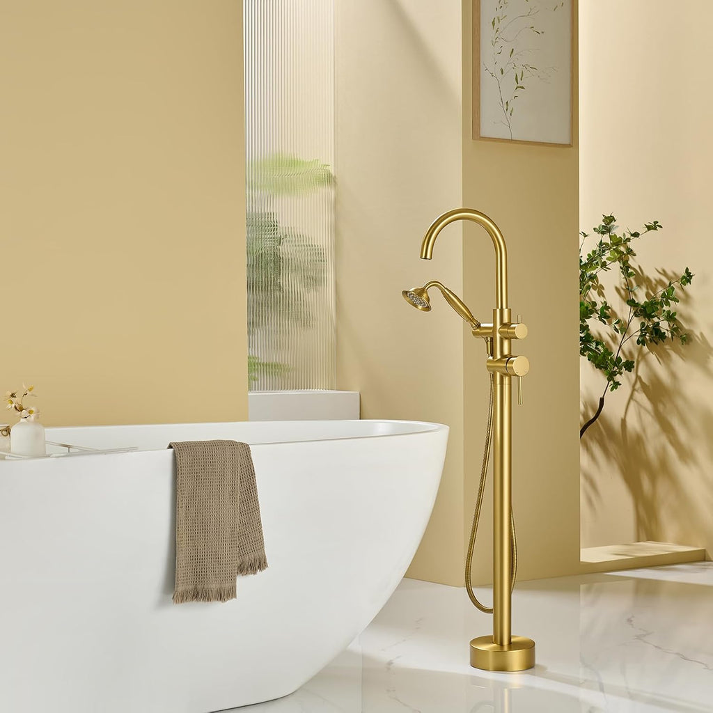 Wowkk Tub Filler Freestanding Bathtub Faucet Brushed Gold Floor Mounted Brass Bathroom Tub Faucets with Hand Shower