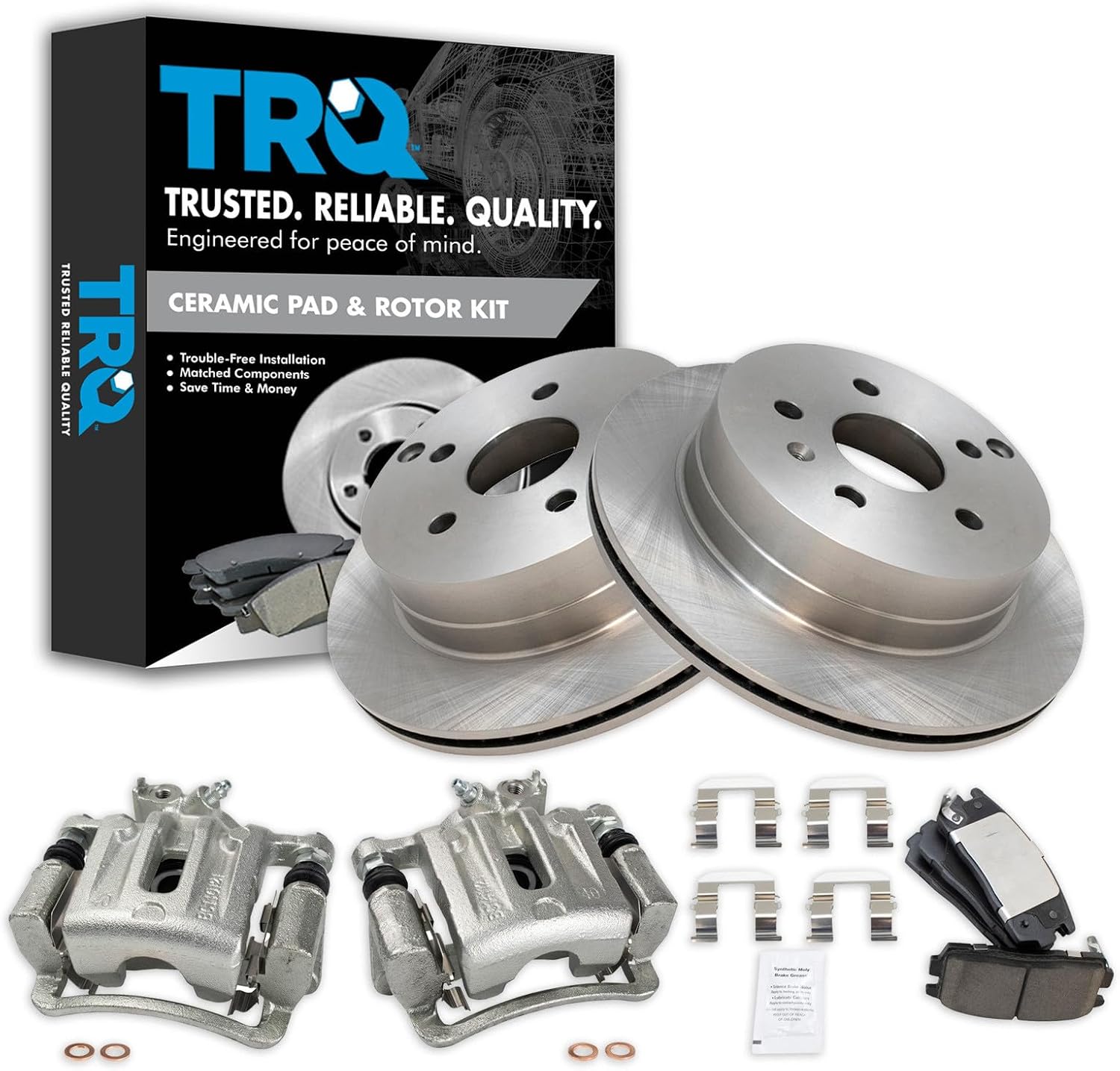 TRQ Rear Brake Pad and Rotor Set Ceramic Vented Rotors Calipers Compatible with 2010-2017 Chevrolet Equinox GMC Terrain