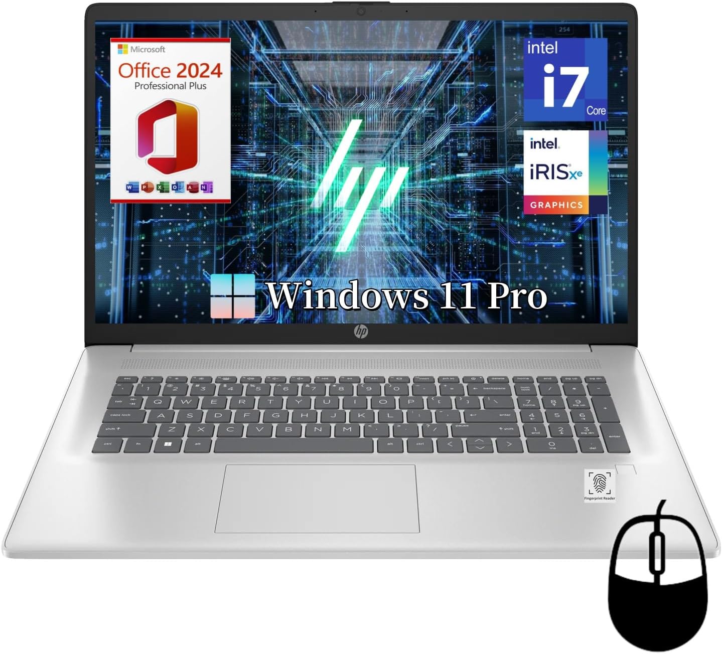HP 17 Laptop, with Office 2024 Lifetime License, 17.3' HD+ Touch Screen, Intel i7-1355U CPU, 32 GB RAM, 2 TB SSD, Intel Iris Xe Graphics, Fingerprint Reader, Windows 11 Pro, w/cefesfy Accessories