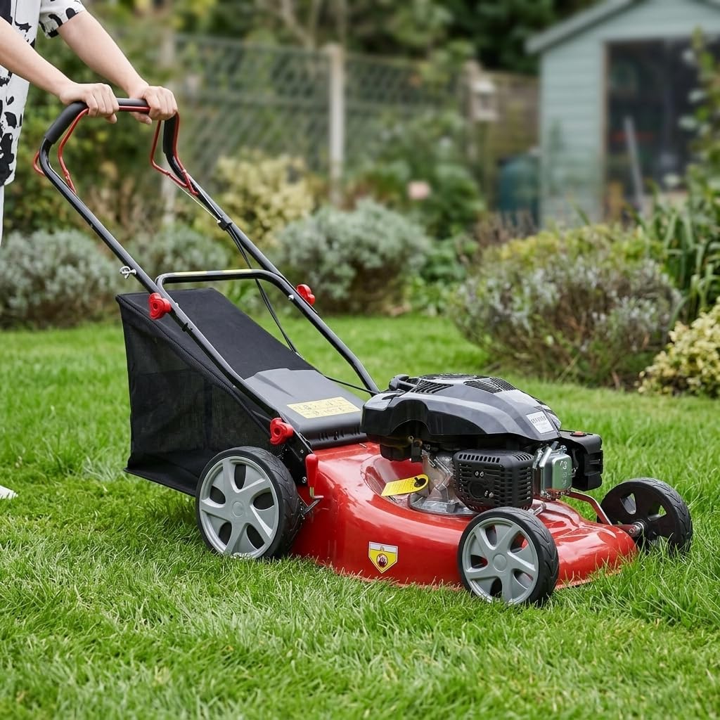Self Propelled Gas Lawn Mower, 20-Inch Cutting Deck, 141cc 4-Stroke Engine, Walk-Behind Lawn Mower with 3-in-1 Mulching, Side Discharge and Rear Bagging, 7-Level Height Adjustment, 13.2-Gallon Bag