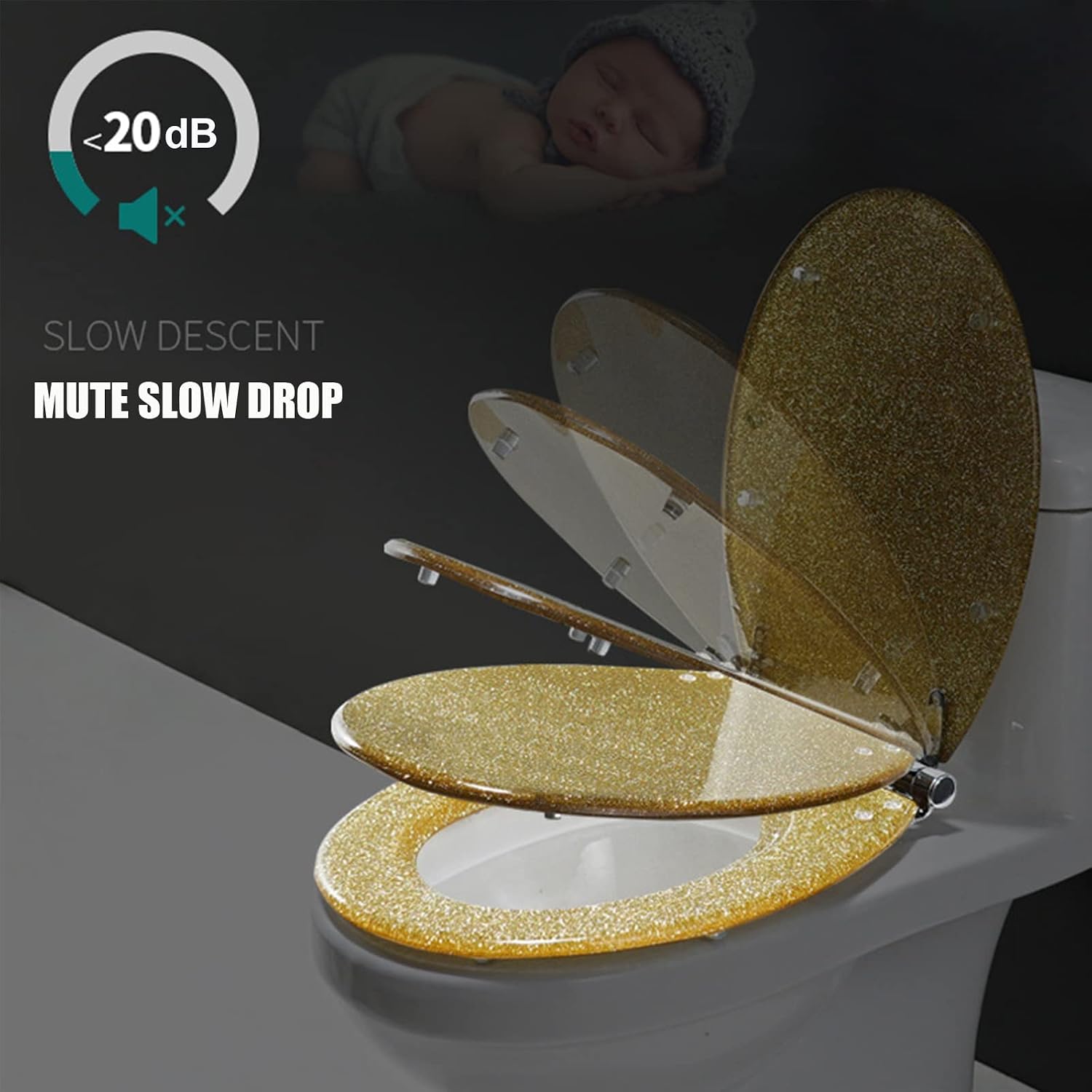 Slow Close Toilet Seat Thicken Toilet Seat Cover, Sparkly Resin Toilet Seat, Toilet Seat, Slow Close Bathroom Toilet Lid, Easy To Clean & Install,Silver,Gold,Gold
