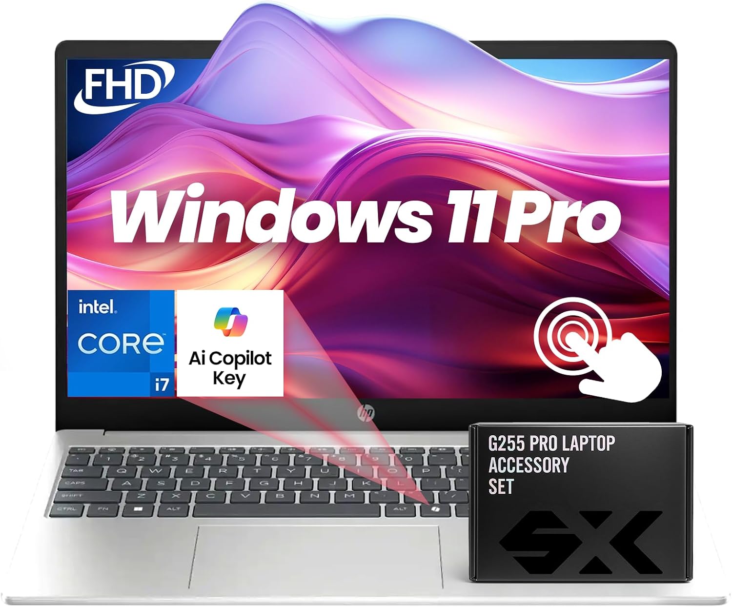 HP 15.6' FHD Touchscreen Business Laptop - Intel i7-1355U(10 Cores), Iris Xe Graphics, 32GB RAM, 2TB SSD, Lifetime Win 11 Pro, Wi-Fi 6, Bluetooth, Numeric Keyboard - w/Accessories (Natural Silver)