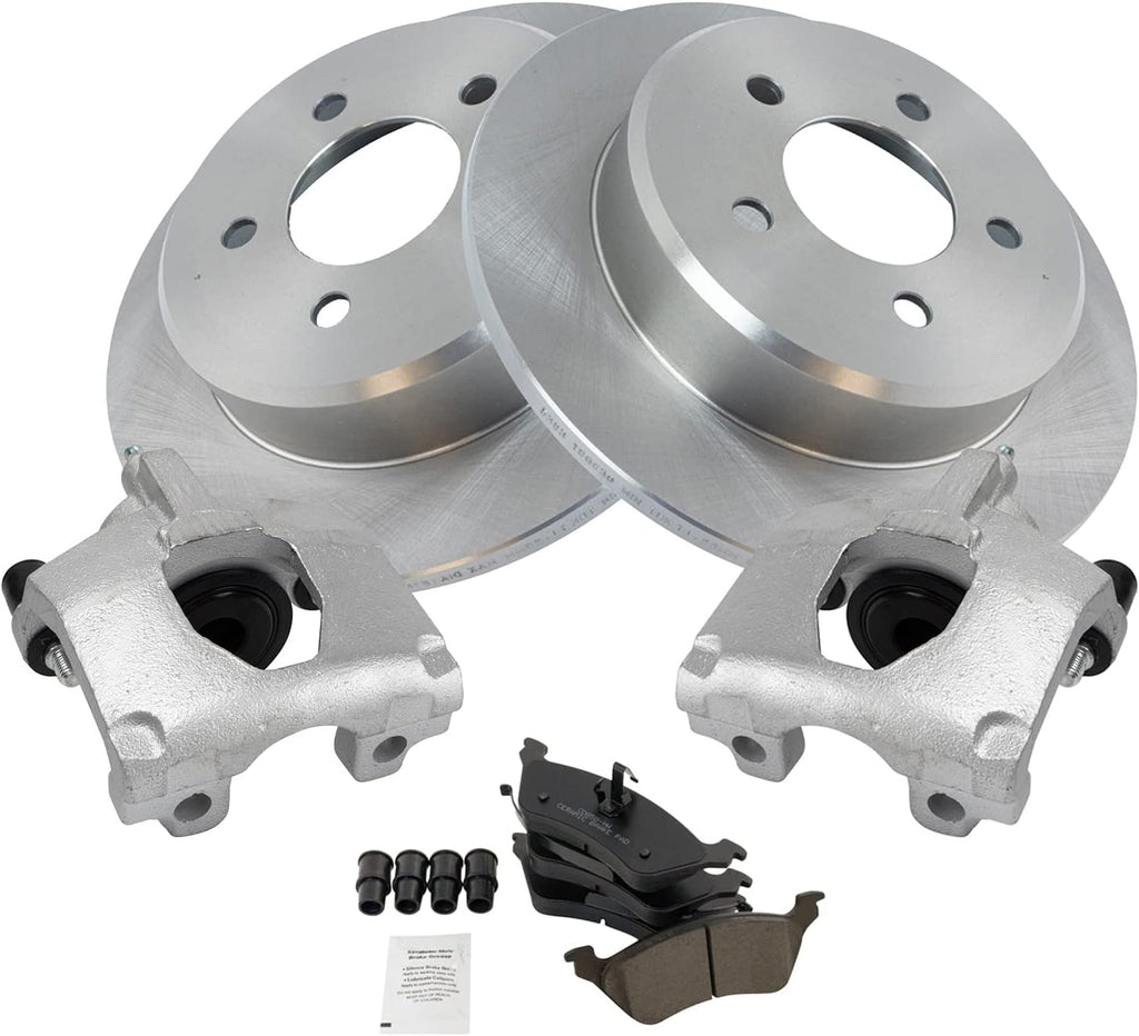 TRQ Rear Brake Pad and Rotor Set Ceramic Rotors Calipers Compatible with 2001-2007 Chrysler Town and Country Caravan Grand Caravan