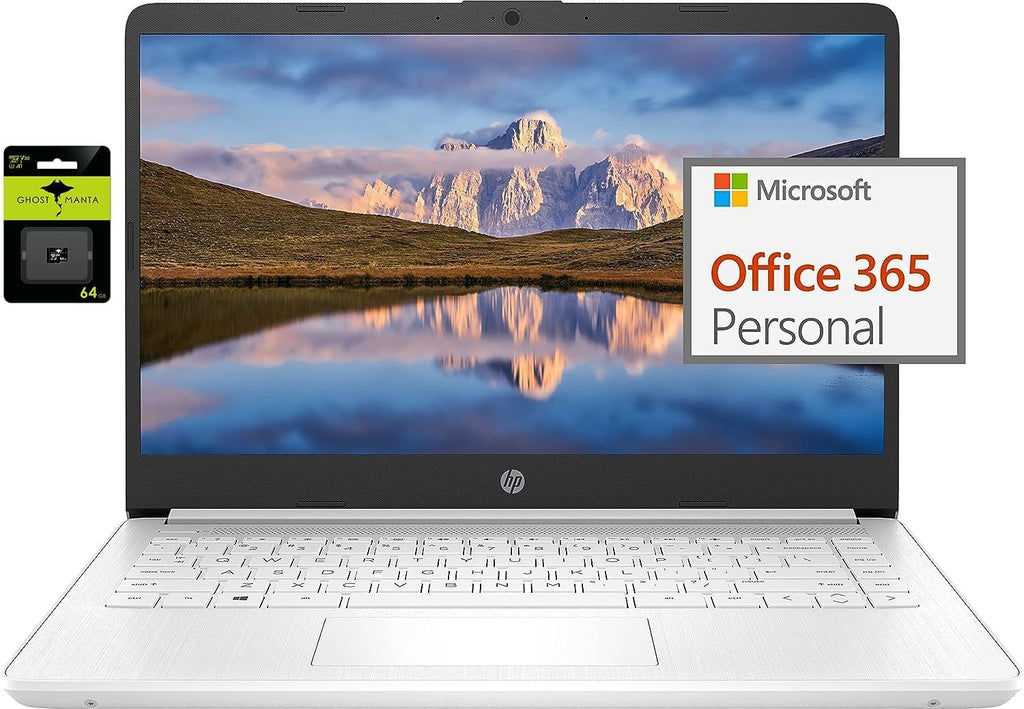 HP 14' Ultral Light Laptop for Students and Business, Intel Quad-Core N4120, 16GB RAM, 128GB Storage(64GB eMMC+64GB Ghost Manta SD), 1 Year Office 365, Webcam, HDMI, WiFi, USB-A&C, Win 11 S