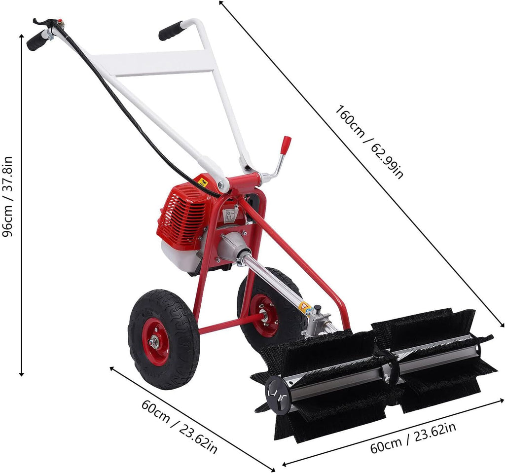 Gas Powered Broom Sweeper 1.7HP 43CC 2 Stroke Air-Cooled Walk Behind Snow Sweeper Broom 23.6In Nylon Brush Handheld Turf Lawn Sweeper Cleaning Machine for Lawn, Sidewalk, Driveway