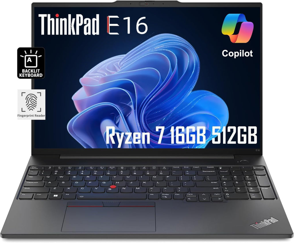 Lenovo ThinkPad E16 Business Laptop (16' FHD+ Display, AMD Ryzen 7 7730U (> Intel i7-1255U), 16GB RAM, 512GB SSD) Fingerprint, Backlit, FHD Webcam, Wi-Fi, Ethernet, Win 11 Pro w/ AI Copilot, Black