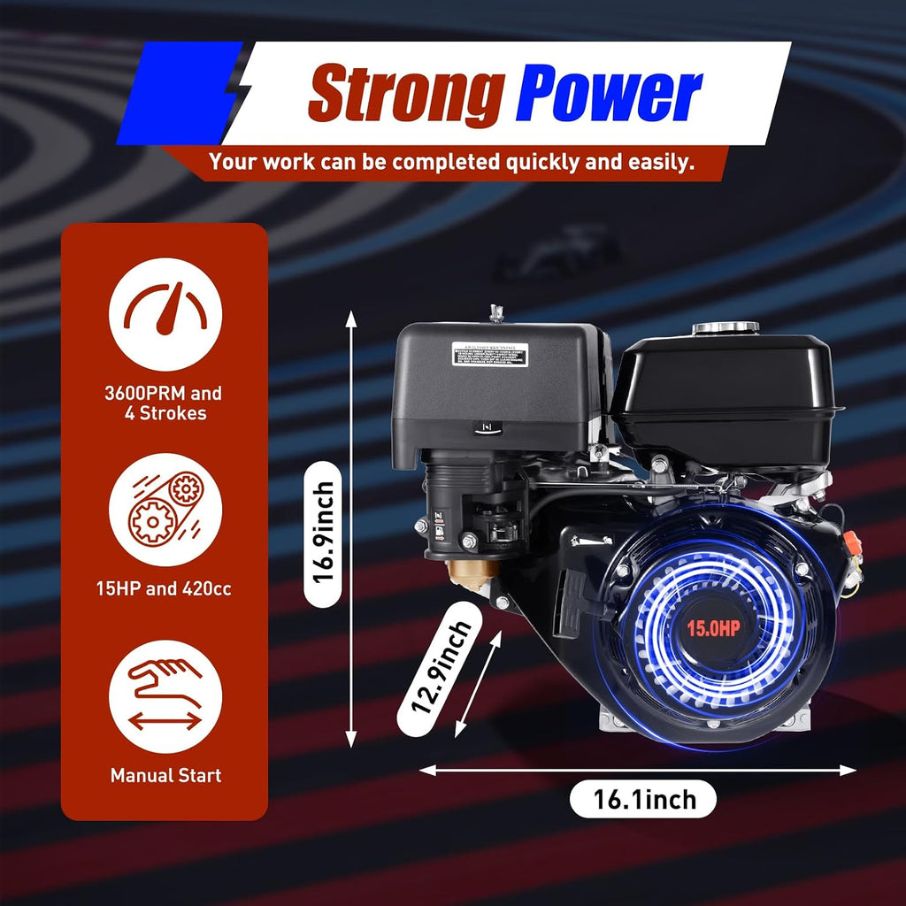 4 Stroke Engine Motor, 15HP 420CC Gas Motor Engine OHV Multi-Use Gasoline Motor Recoil Pull Air Cooling Log Splitter Recoil