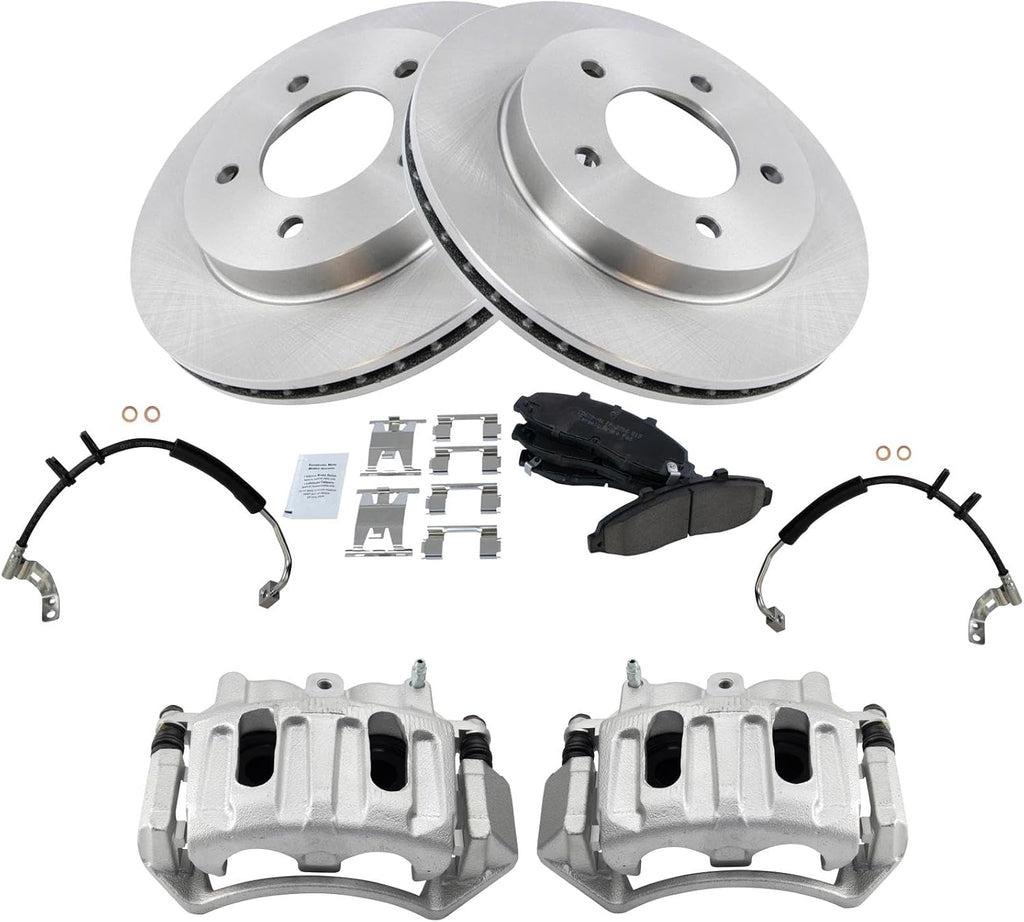 TRQ Front Brake Pad and Rotor Set Ceramic Rotors Calipers Hoses Compatible with 1999-2003 Ford F-150 2004 F-150 Heritage