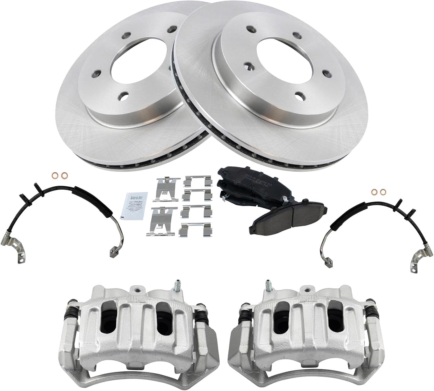 TRQ Front Brake Pad and Rotor Set Ceramic Rotors Calipers Hoses Compatible with 1999-2003 Ford F-150 2004 F-150 Heritage