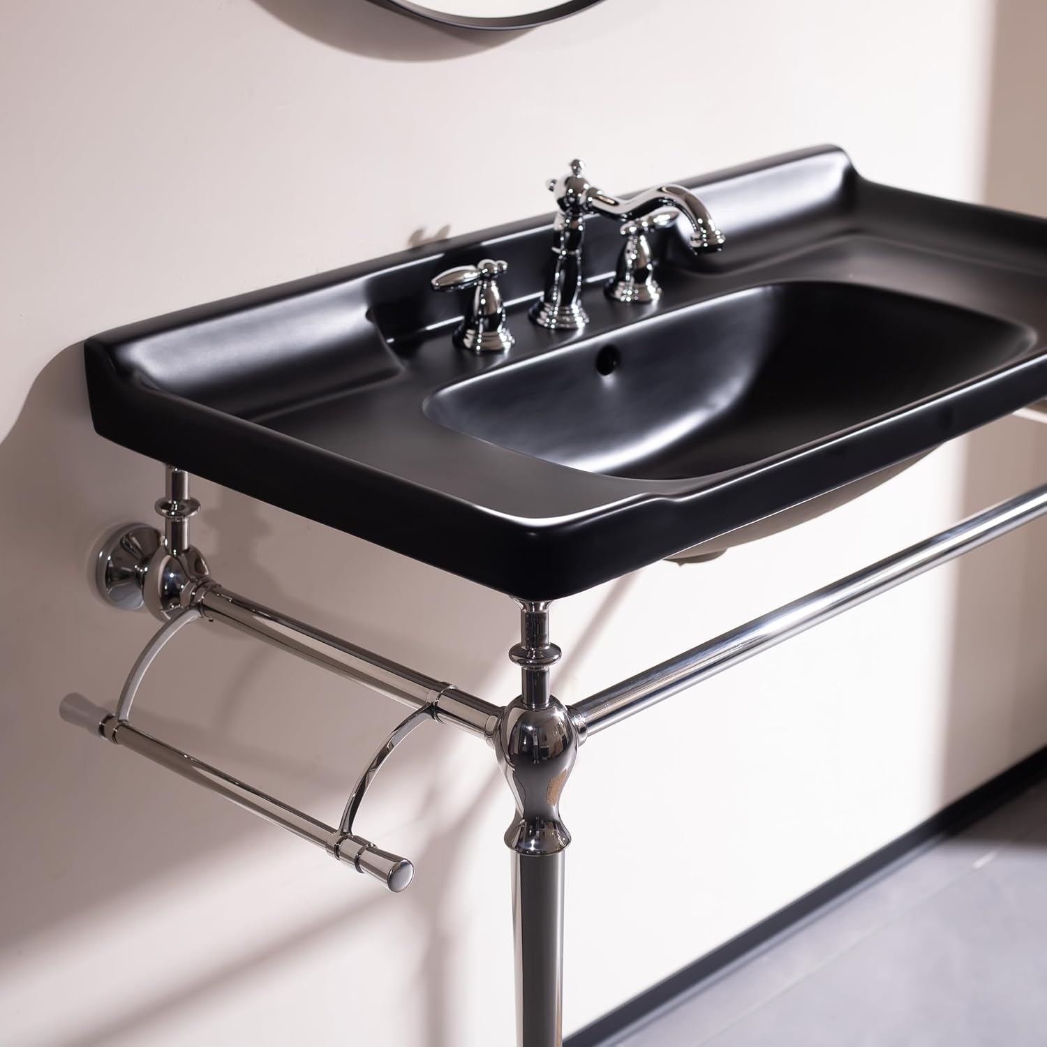 48' Free Standing Bathroom Vanity with Stainless Steel Chrome Supporting Leg and Towel Rack, Black Bathroom Console Sink with 3 Tap Holes, Black