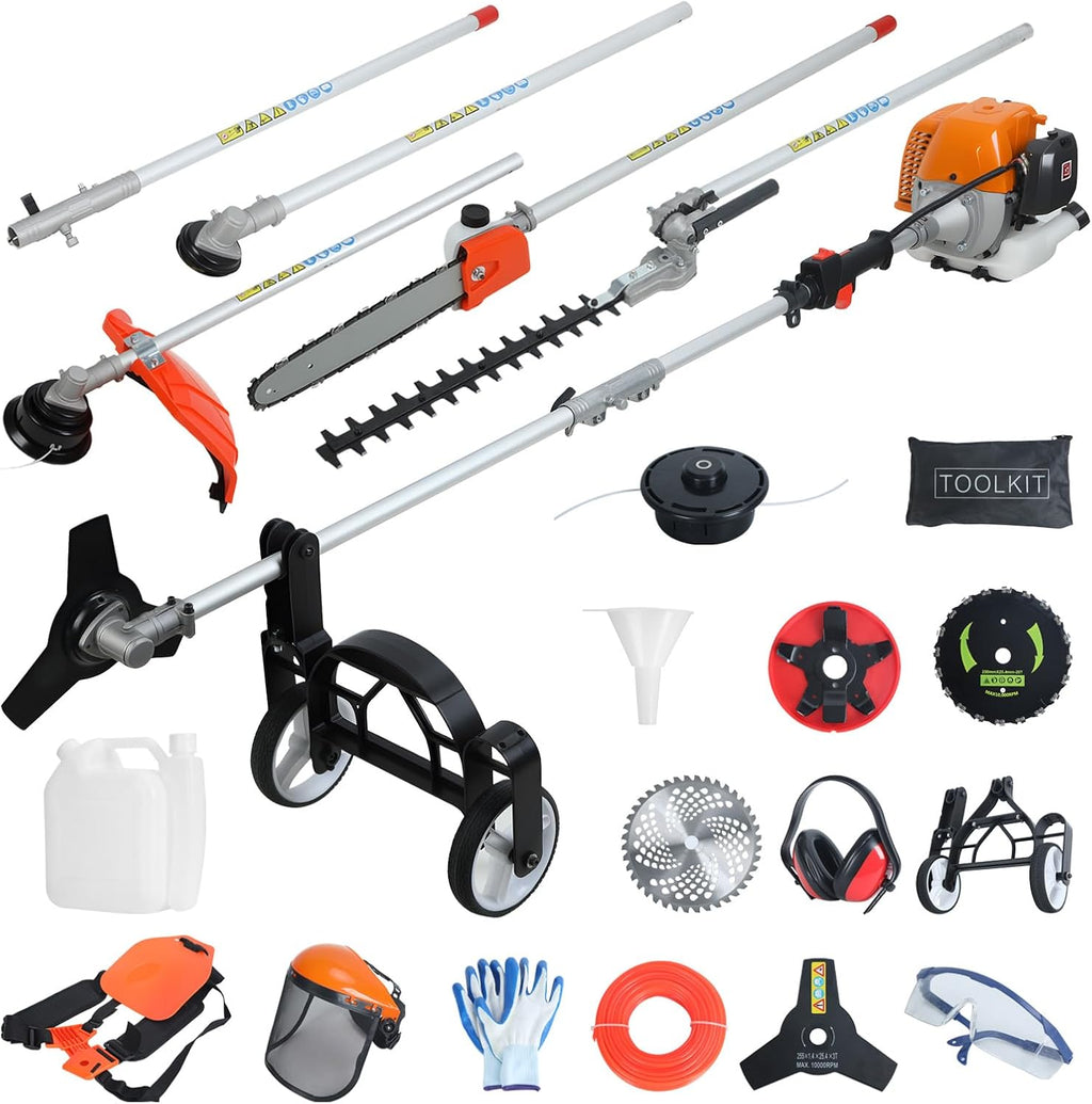 8-in-1 Multi-Functional Trimming Tool, 52CC 2-Cycle Gas Powered Hedge Trimmer, Weed Eater, String Trimmer, Brush Cutter, Edger, Pole Saw Chainsaw Pruner with Extension Pole (Orange)