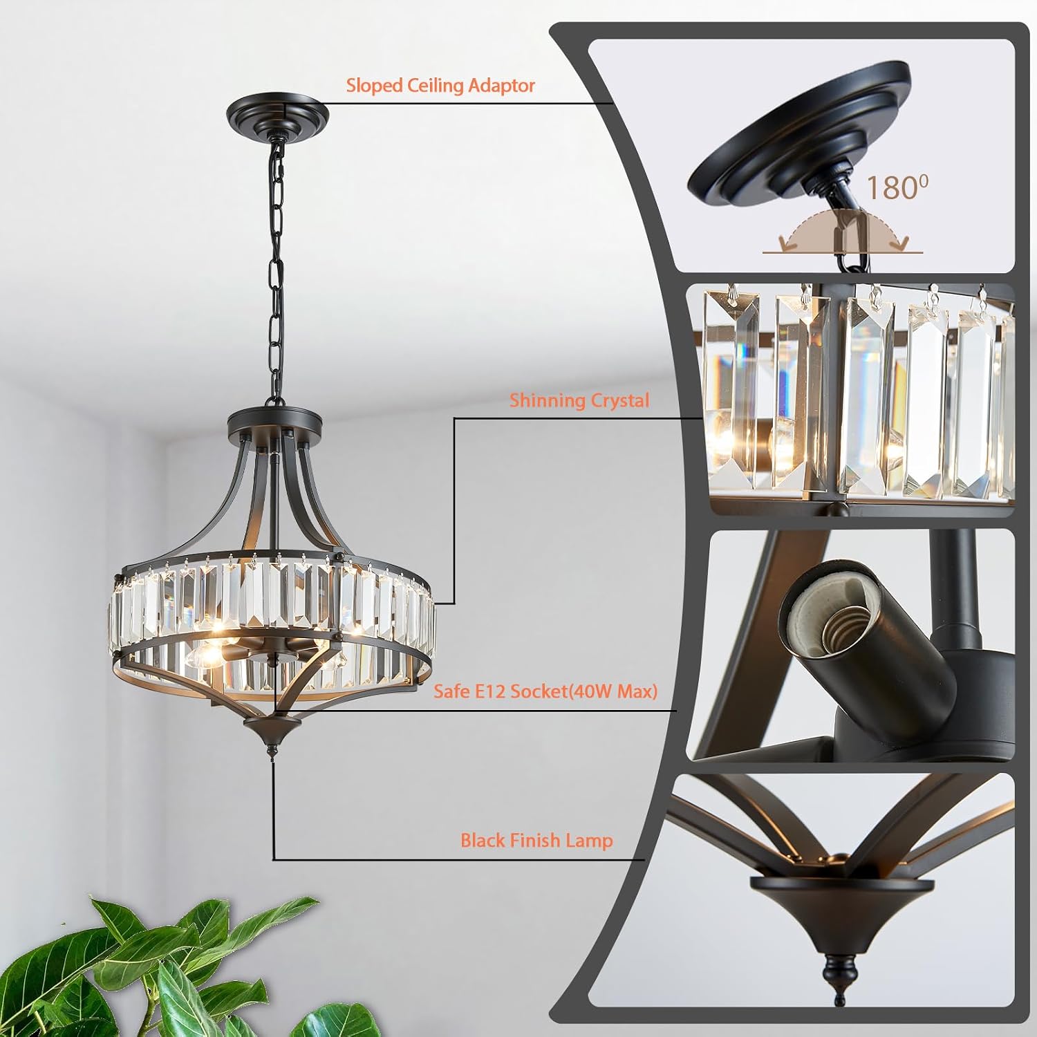 Black Crystal Chandeliers for Dining Room, Round Rustic Farmhouse Chandelier with Metal Shade 4-Light Modern Pendant Lighting for Hallway, Bedroom, Foyer