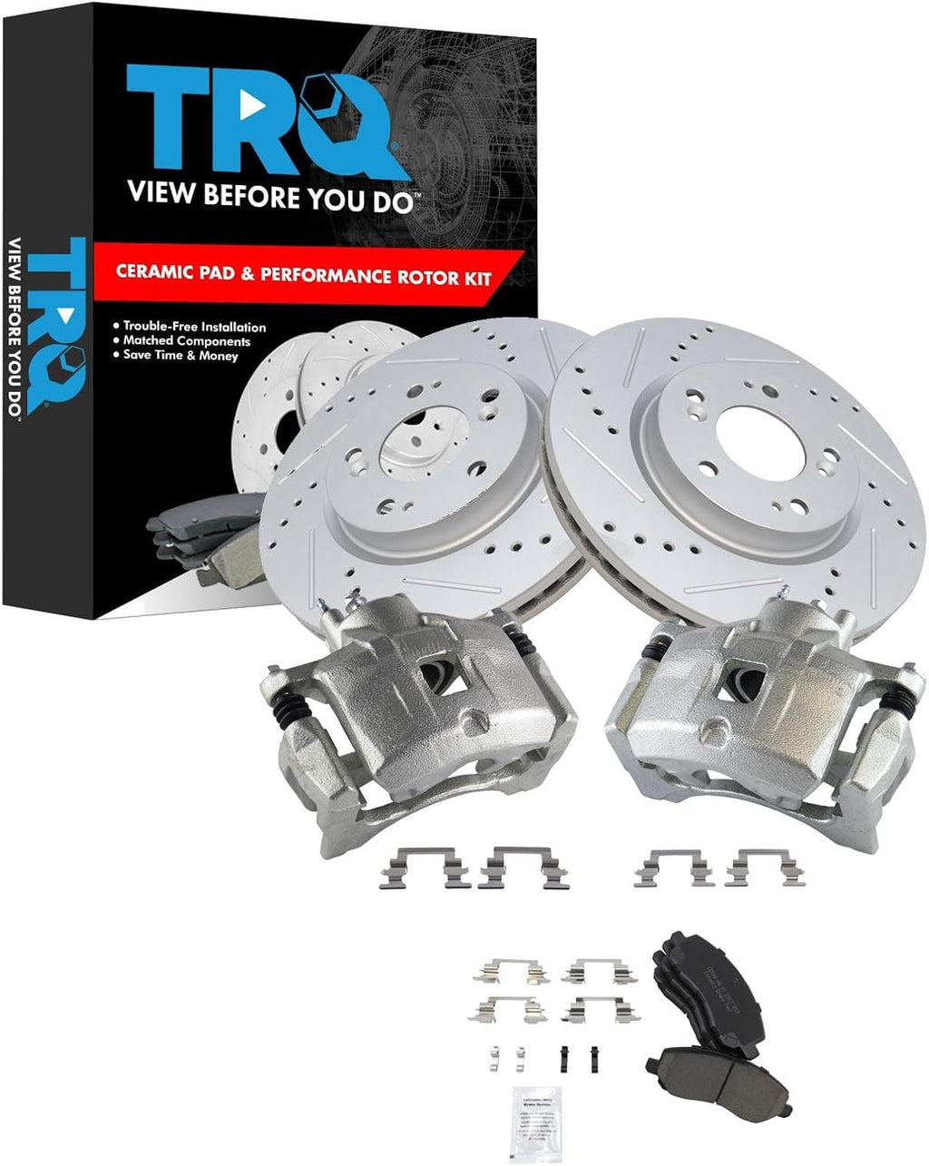 TRQ Performance Front Brake Pad and Rotor Set Ceramic Coated Drilled Slotted Vented Rotors Calipers Compatible with 07-17 Jeep Compass Patriot 08-14 Dodge Avenger 07-12 Caliber 11-14 Chrysler 200