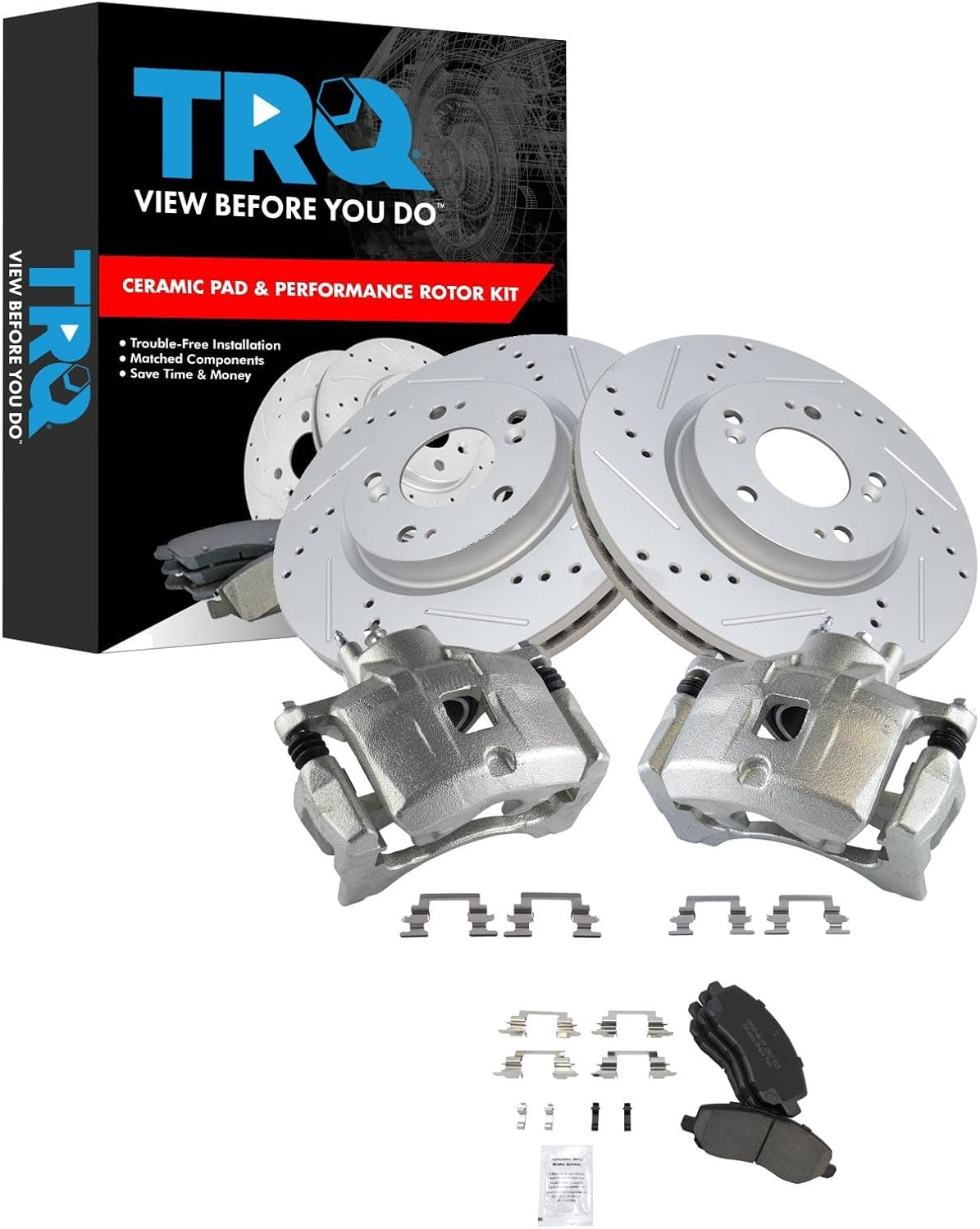 TRQ Performance Front Brake Pad and Rotor Set Ceramic Coated Drilled Slotted Vented Rotors Calipers Compatible with 07-17 Jeep Compass Patriot 08-14 Dodge Avenger 07-12 Caliber 11-14 Chrysler 200